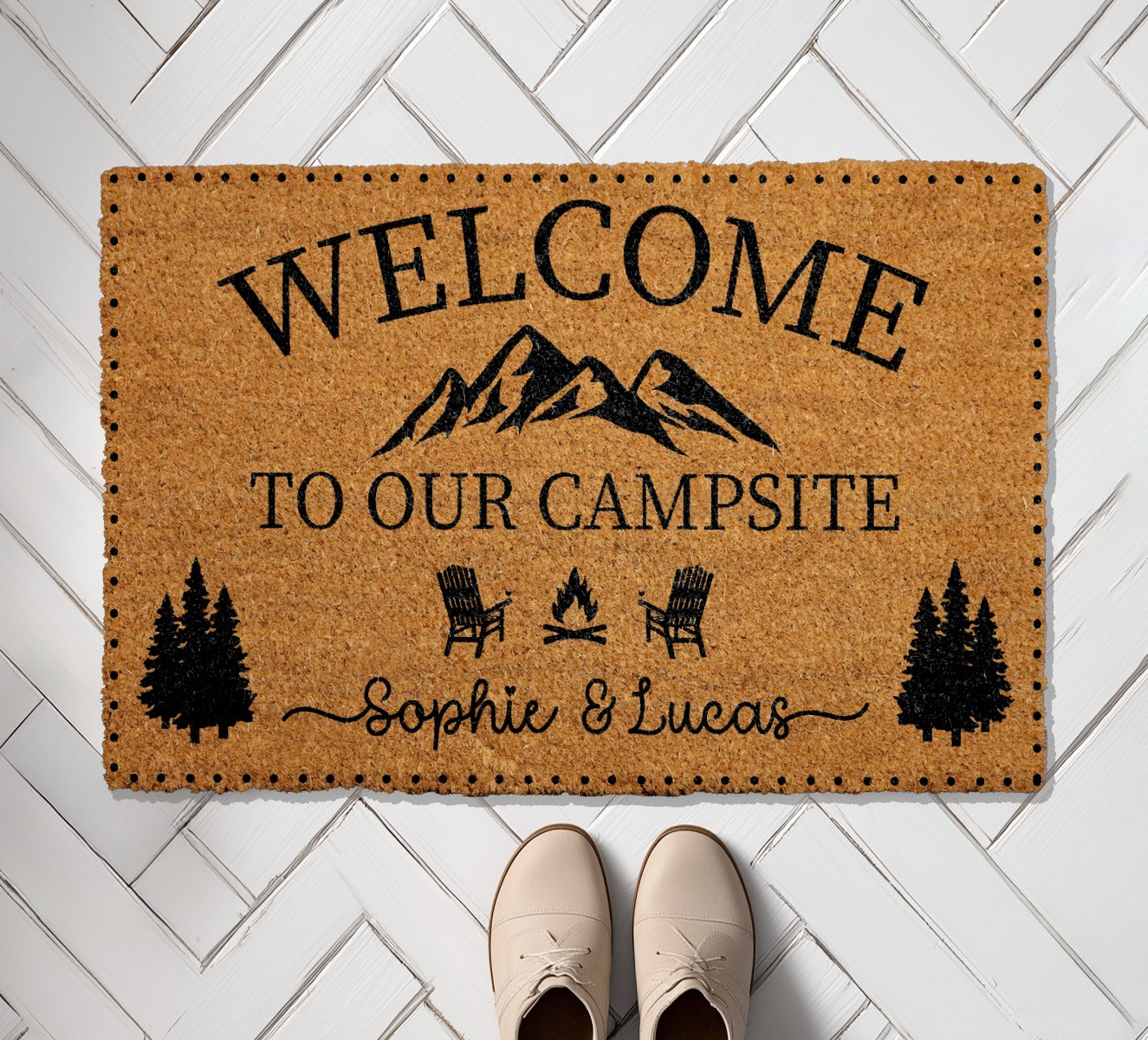 Personalized Couple's Welcome Mat, Mountain & Campfire Doormat for Glamping