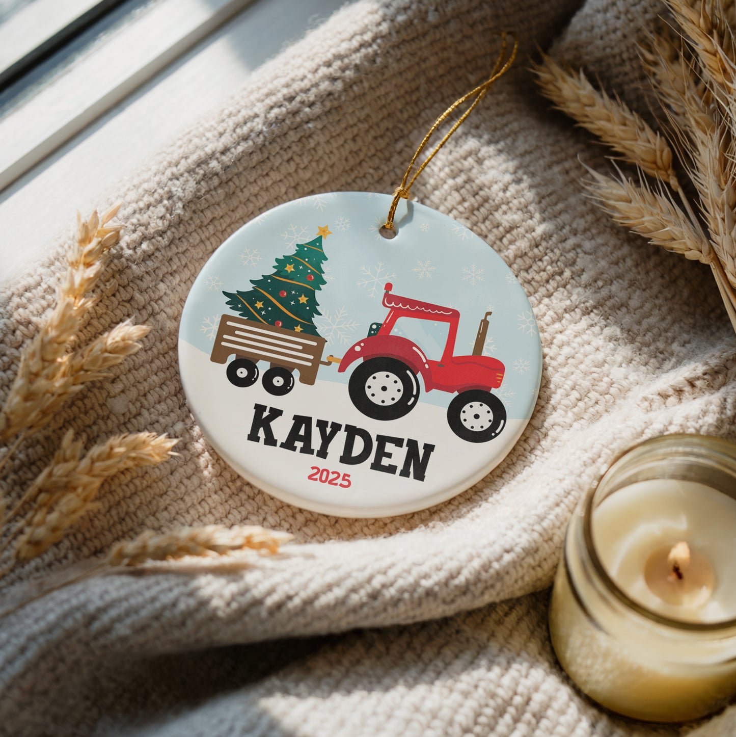 Red Tractor Ceramic Ornament, Baby's First Christmas Keepsake, Personalized Decoration