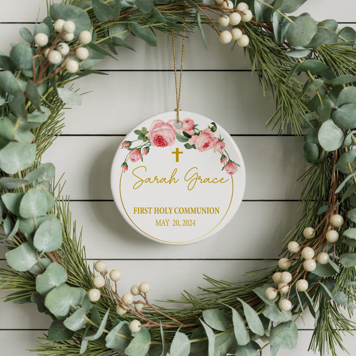 Ceramic Christening Decor, Personalized First Holy Communion Ornament, Cute Floral.