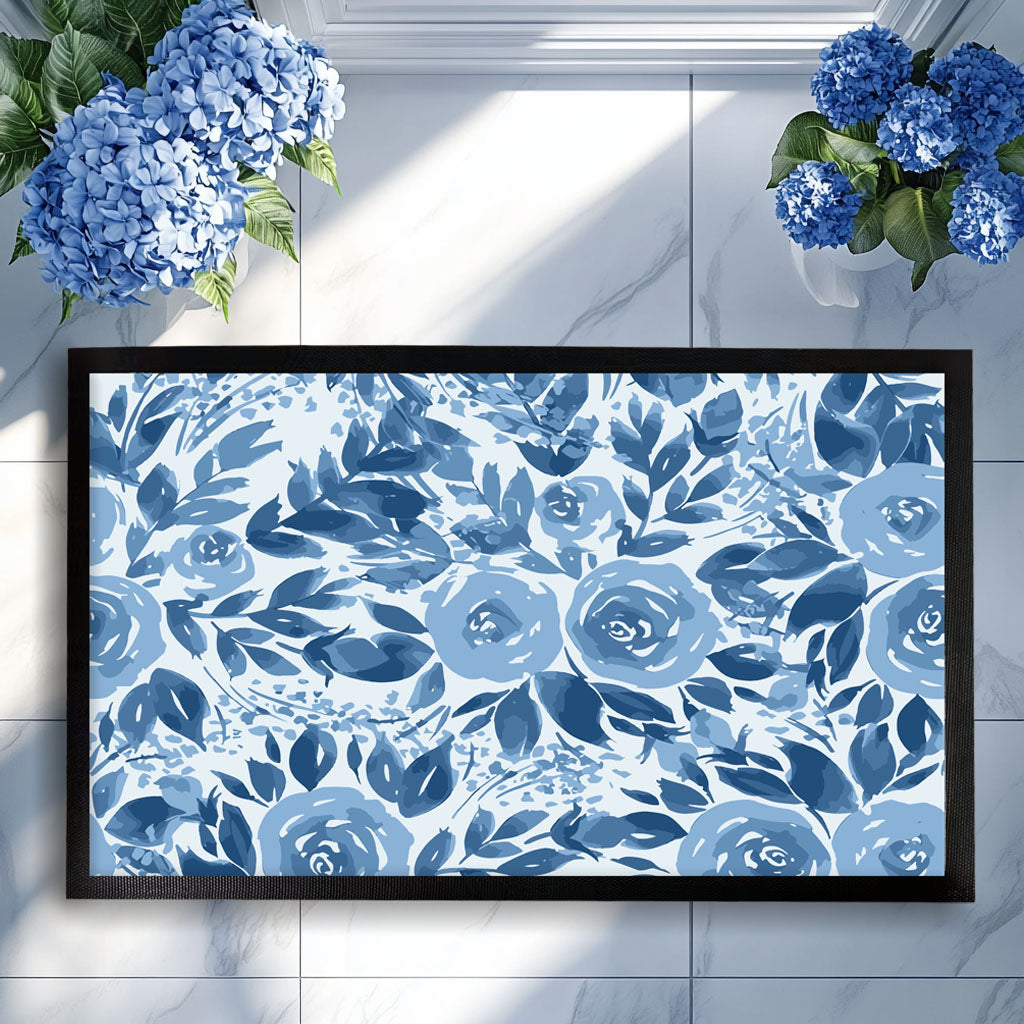 Watercolor Blue Rose Doormat, Floral Welcome Mat for Spring Bloom