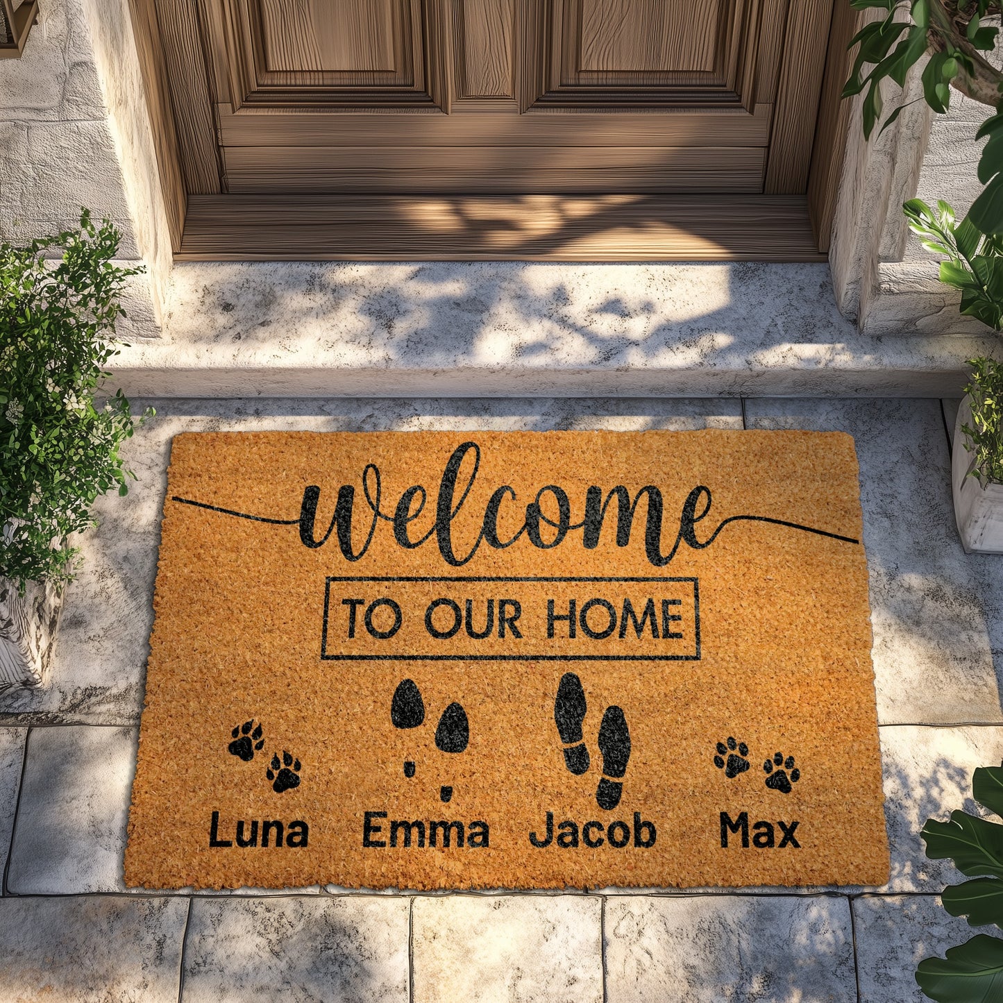 Custom Family & Pet Name Doormat, Personalized Paw Print Porch Decor