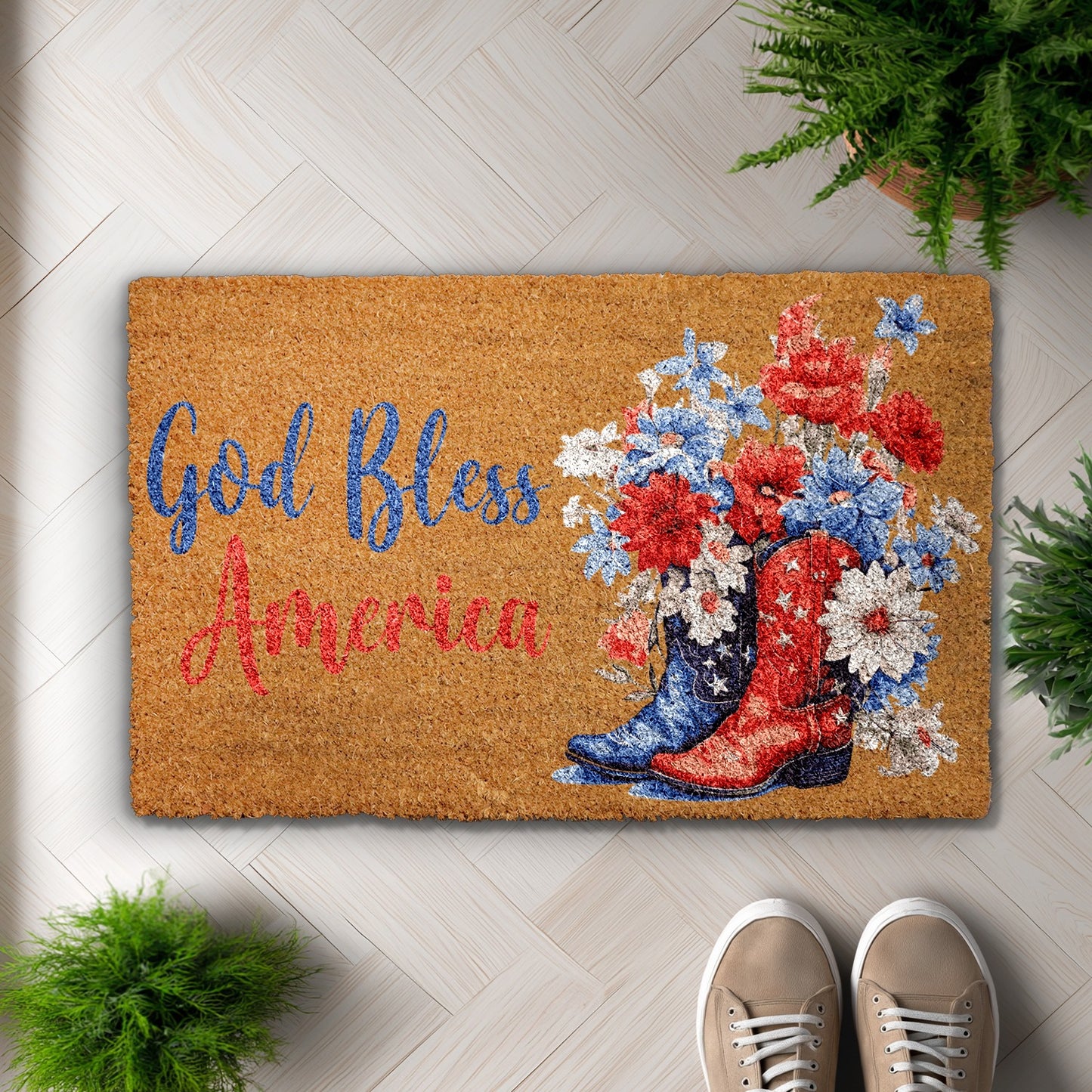 Patriotic God Bless America, Floral Cowboy Boots, July Welcome Mat