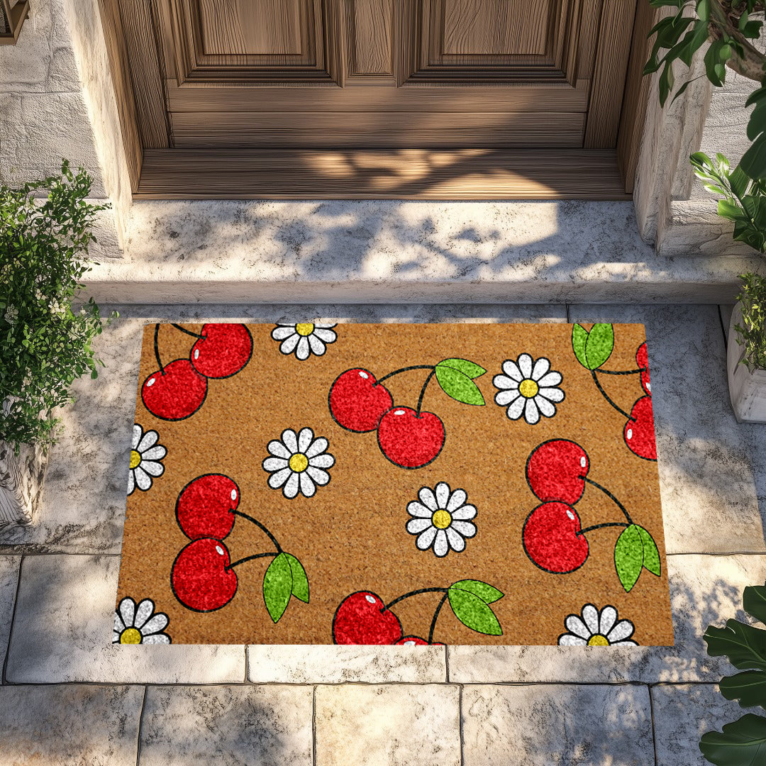 Cherry & Daisy Doormat: Sweet Summer Welcome, Unique Spring Decor