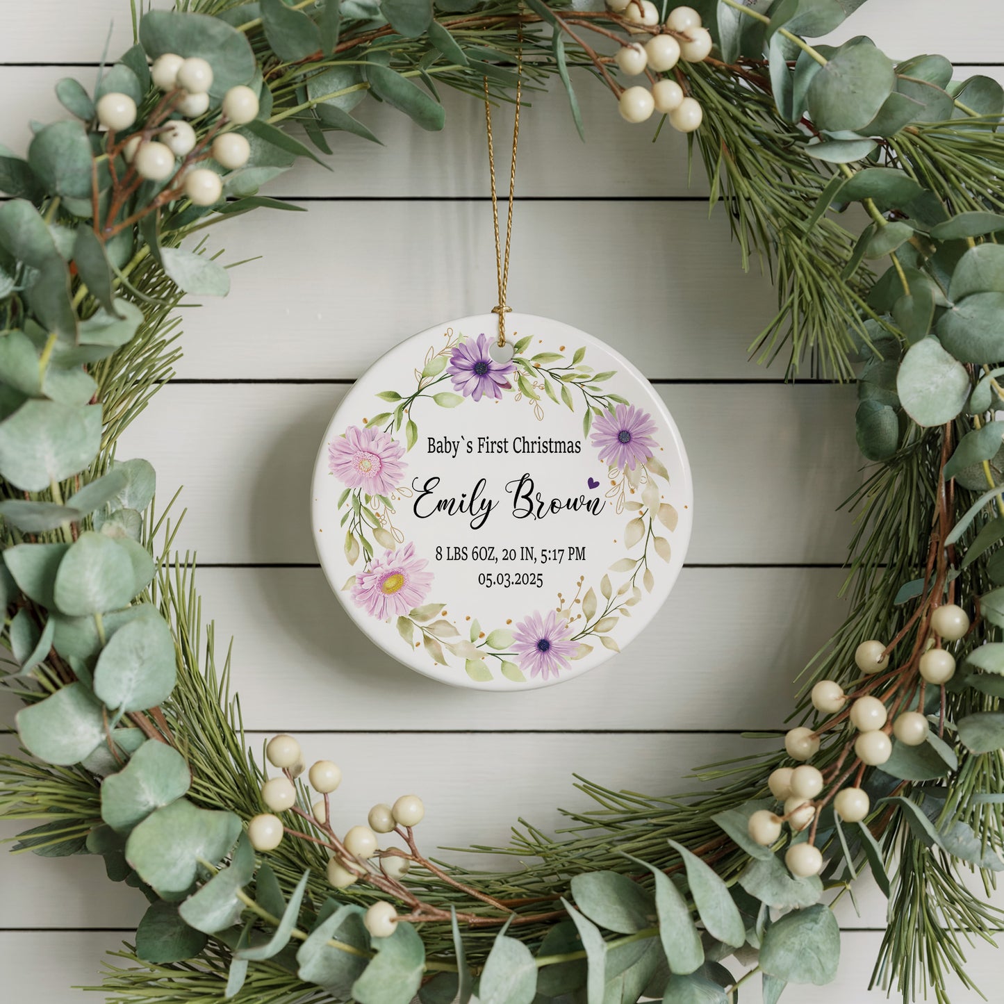 Custom Baby's First Christmas Ornament, Floral Birth Info, Nursery Decor