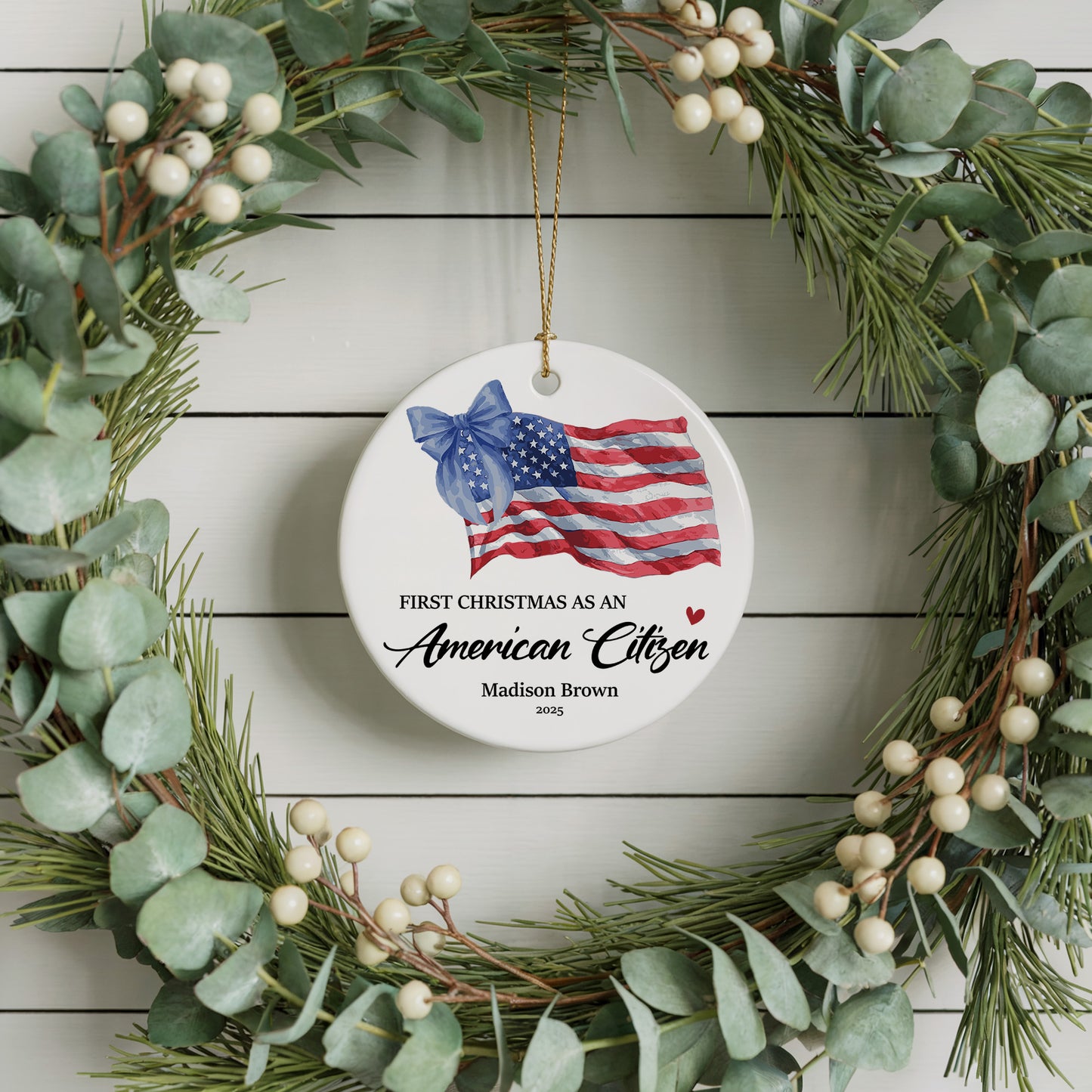 Celebrate First Christmas as American Citizen with USA Flag Ornament