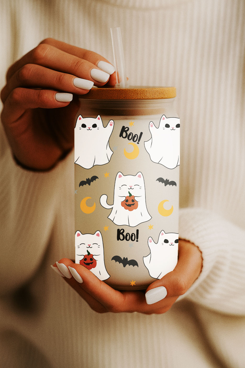 Spooky Season Ghost Cats, Pumpkin Iced Coffee Glass Tumbler
