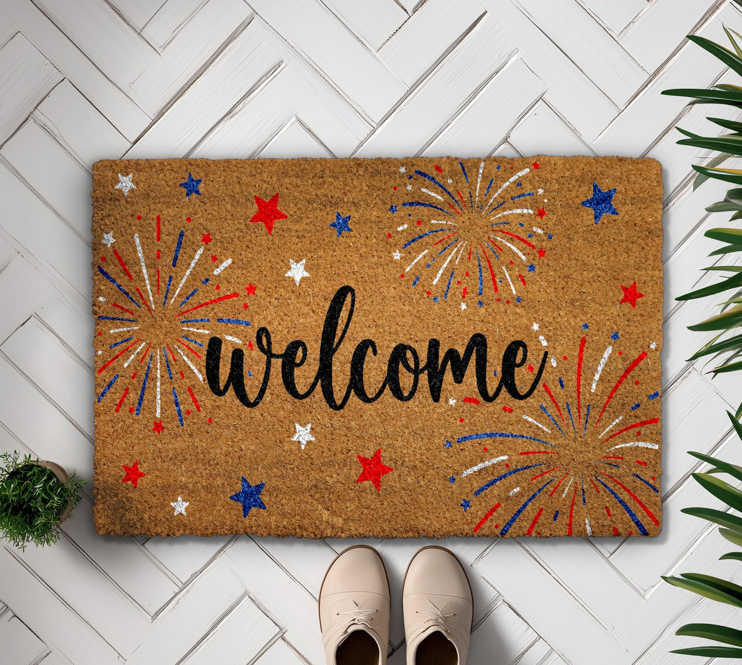 Welcome All with Patriotic Fireworks Doormat, Ideal American Housewarming Gift