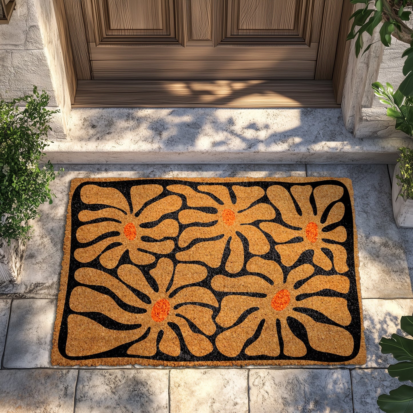 Retro Boho Floral Doormat for Stylish Mid Century Modern Homes