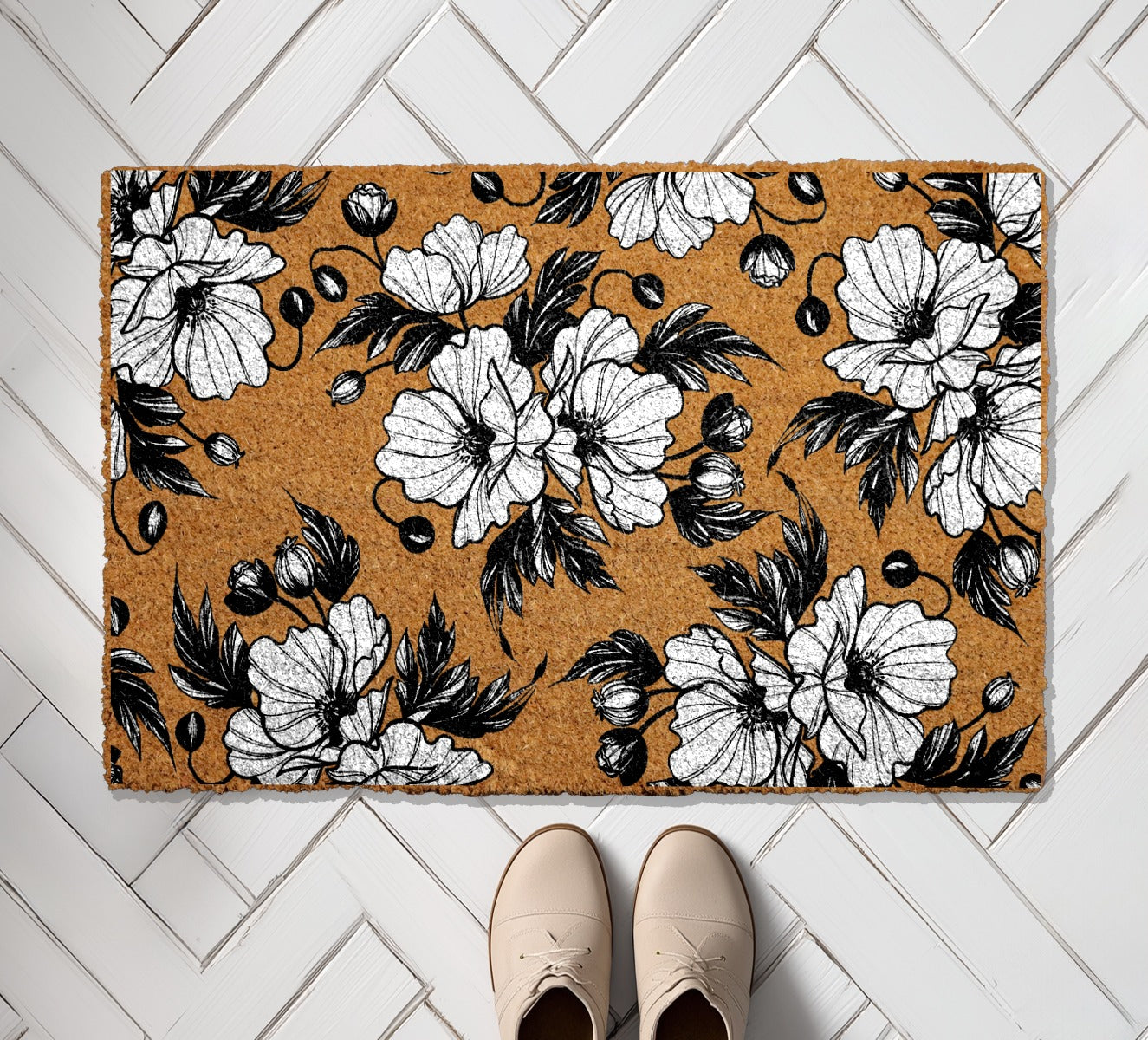 Hand Painted Poppy Flowers Welcome Mat, Rustic Garden Decor