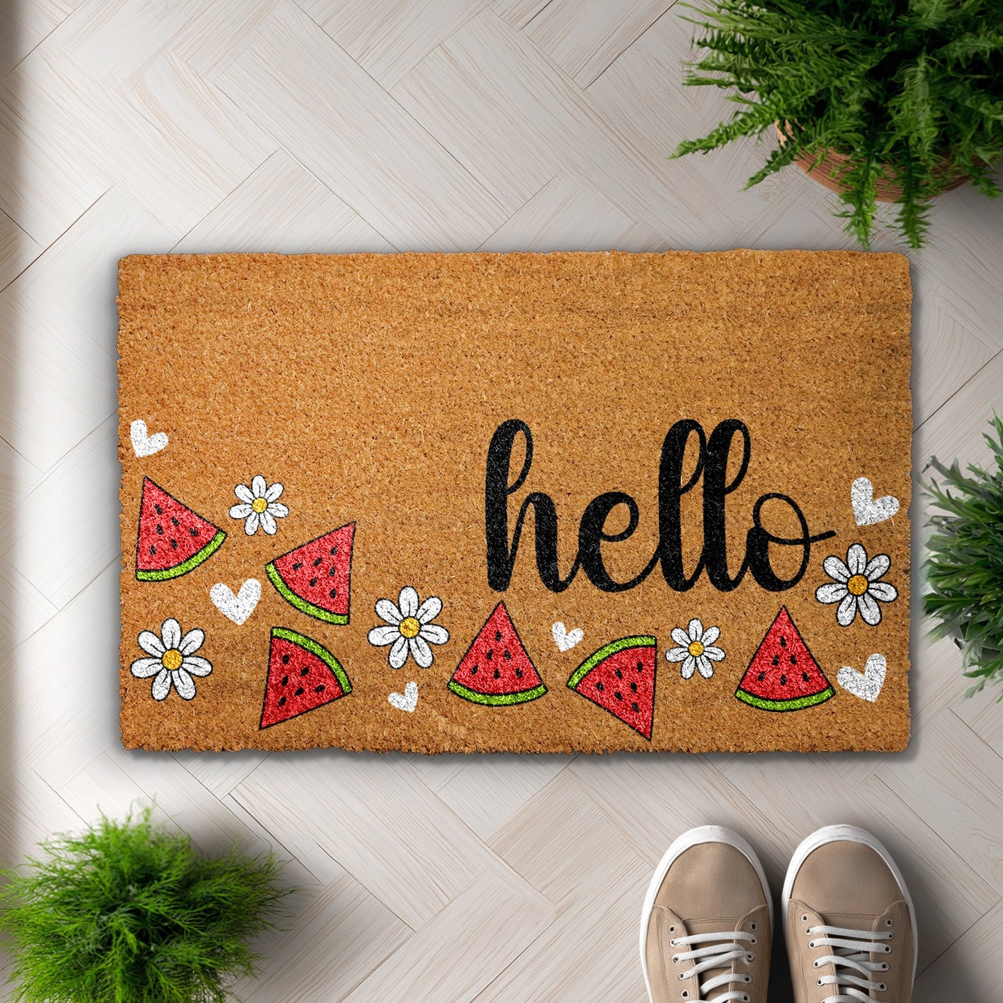 Summer Vibes Welcome with Watermelon & Daisy Doormat, Cheerful Greeting