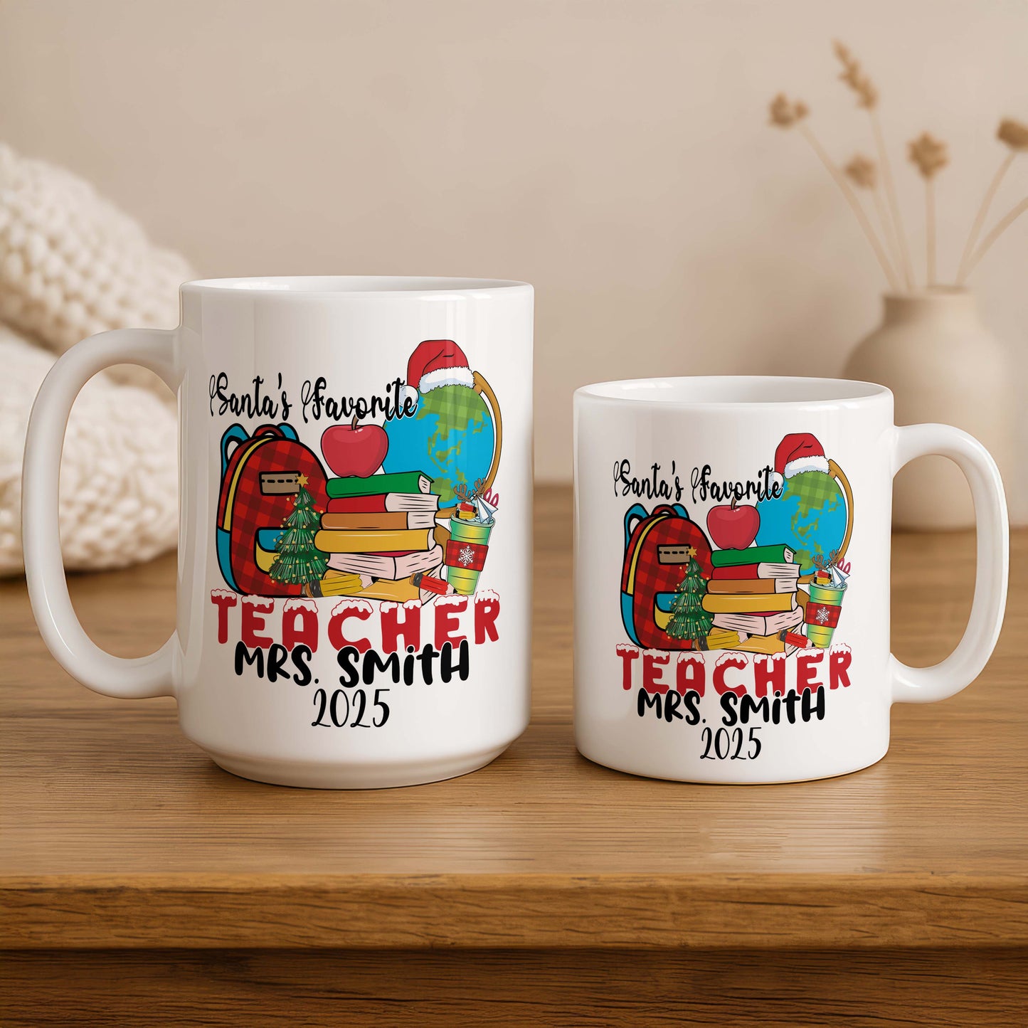 Personalized Christmas Santa Teacher Mug, Festive Xmas Gift in Colorful Design