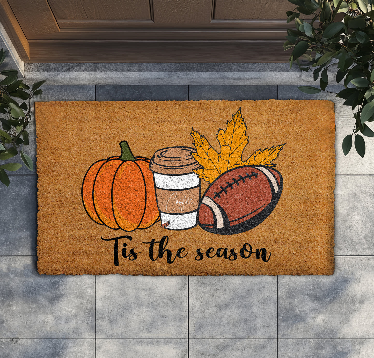 Festive Fall Welcome Mat: Tis The Season Pumpkin Coffee Vibes