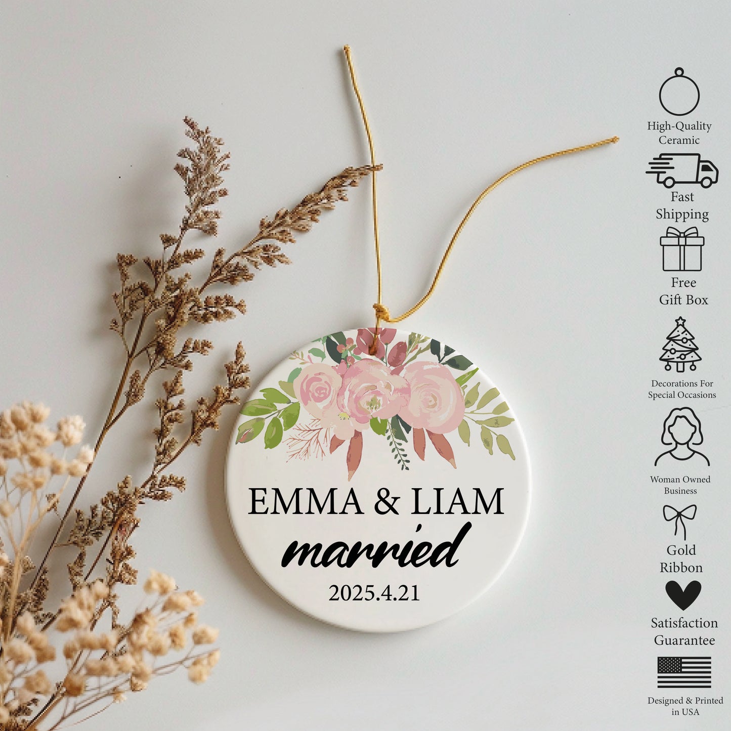 Custom Wedding Ornament, Personalized Marriage Decor & Bridal Shower Gift