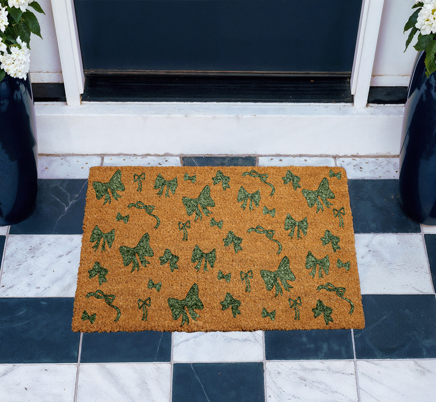Festive Holiday Bow Pattern Coquette Doormat, Housewarming Gift Xmas Rug