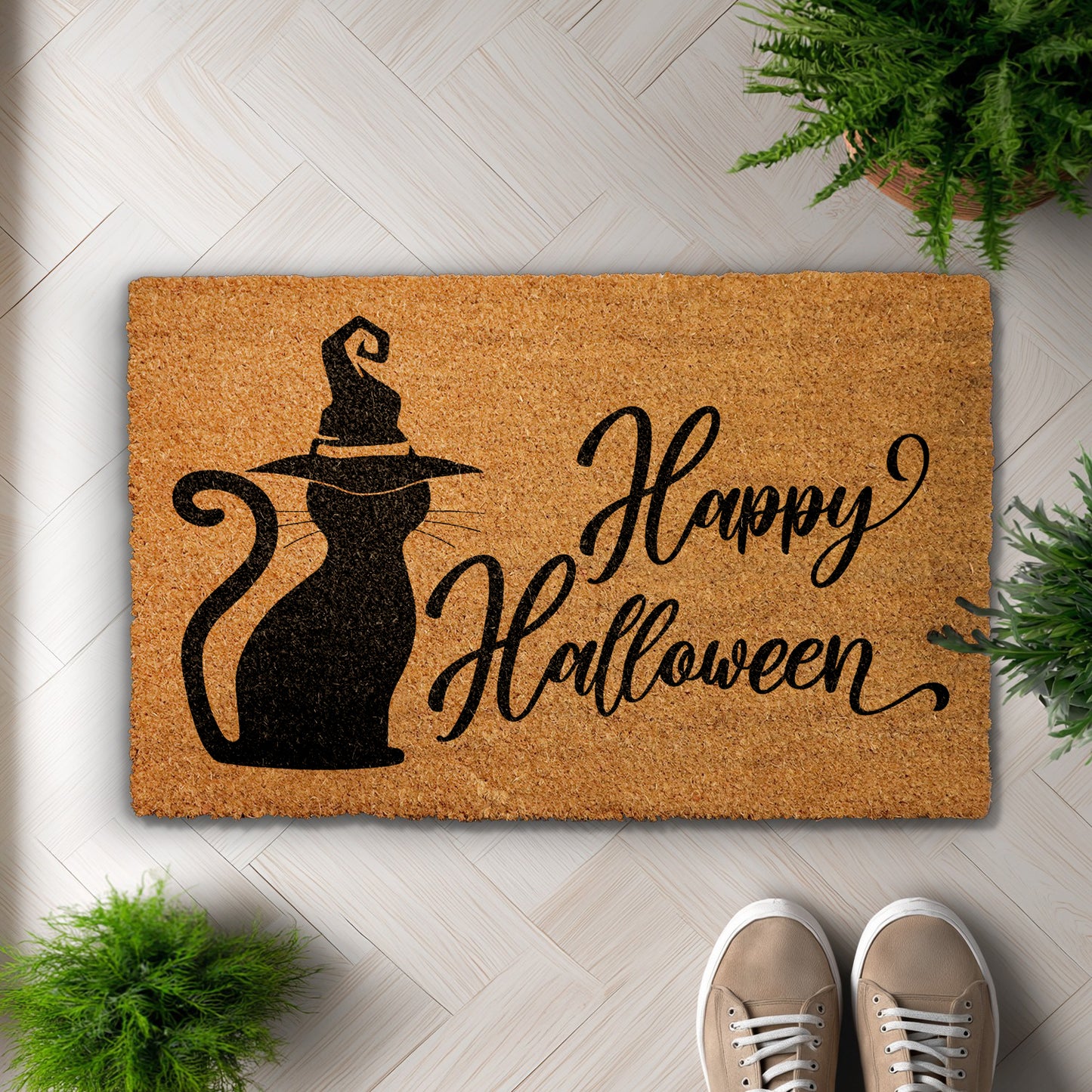 Witchy Black Cat Doormat: Spooky Season Home Decor Essential.