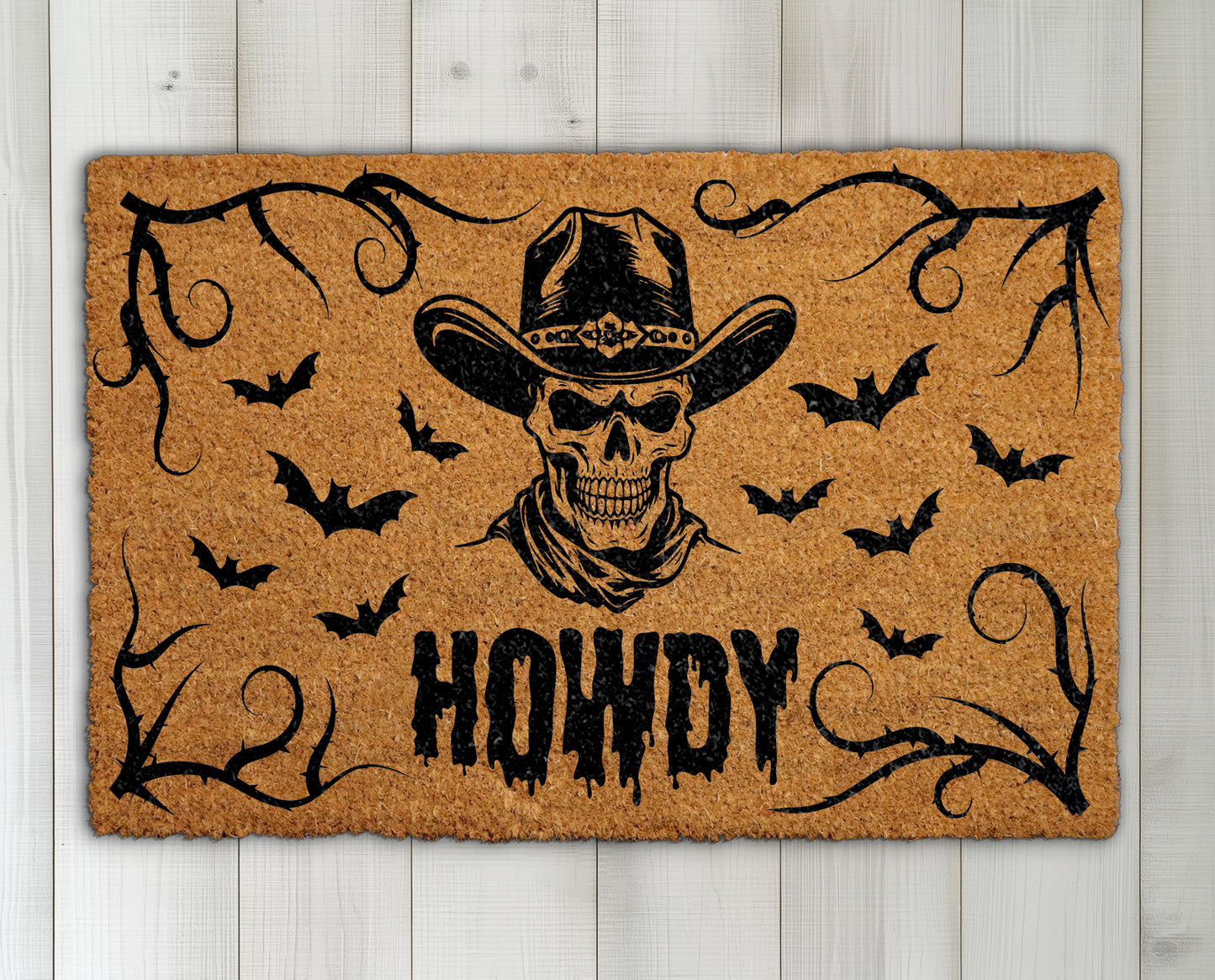 Gothic Cowboy Doormat, Spooky Western Halloween Farmhouse Welcome Rug