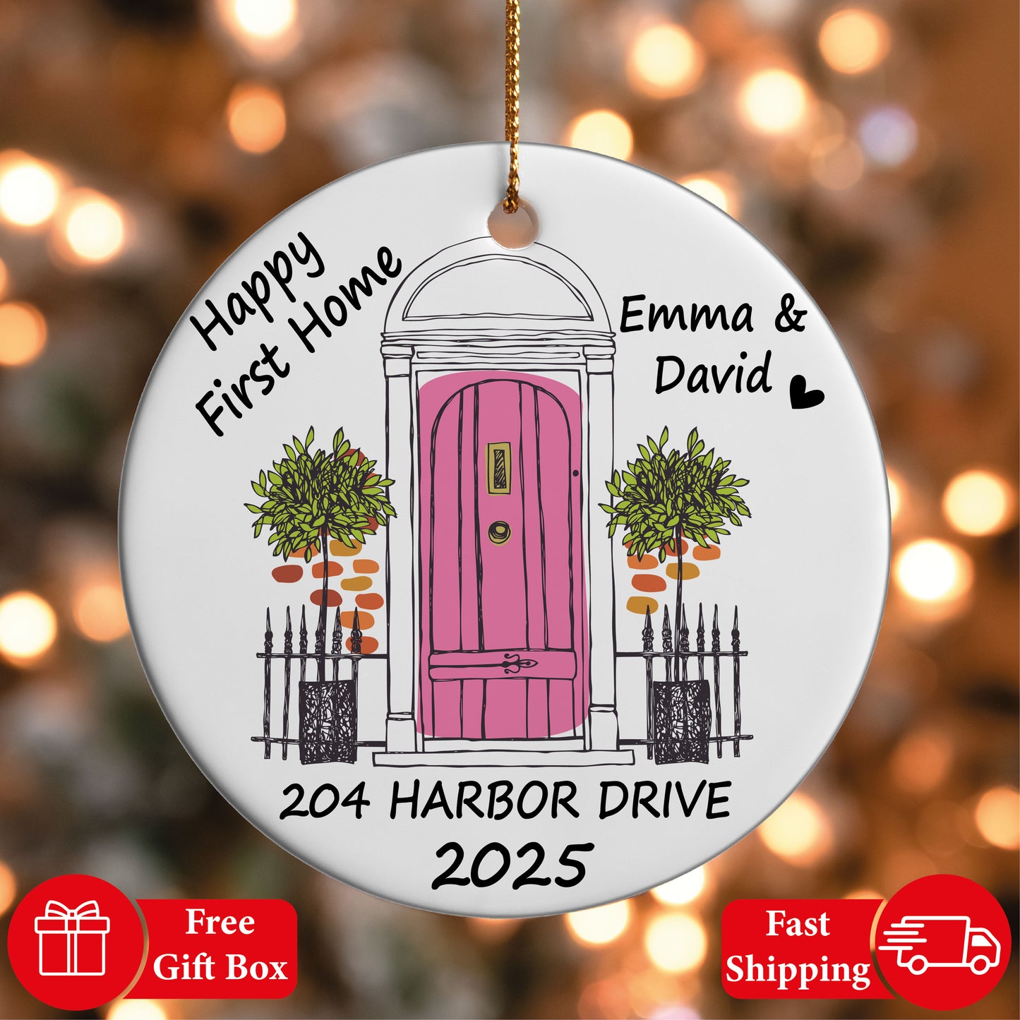 Custom Happy First Home Ornament, Address Ceramic Keepsake, New Christmas