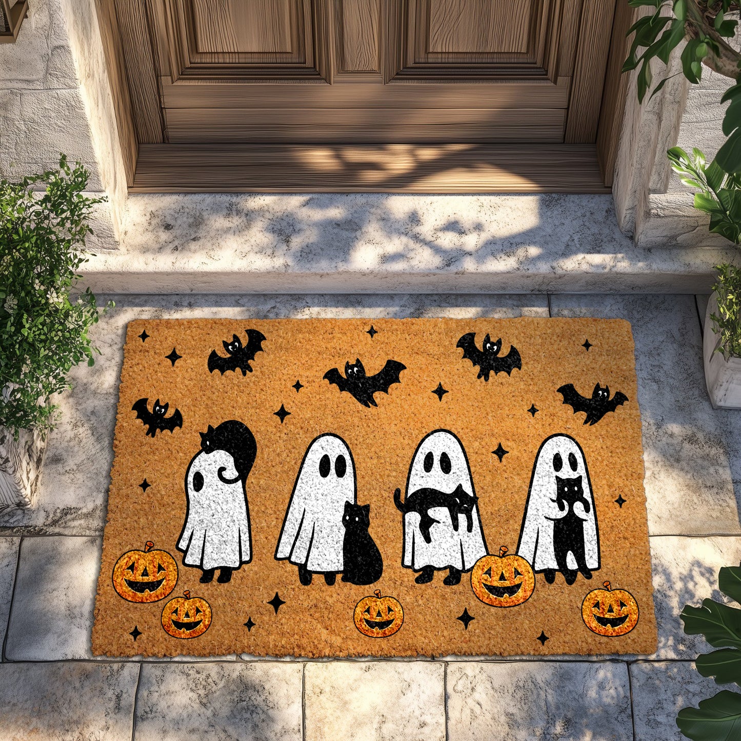 Cats & Bats Halloween Doormat, Spooky Cats, Cute Ghosts Welcome Mat