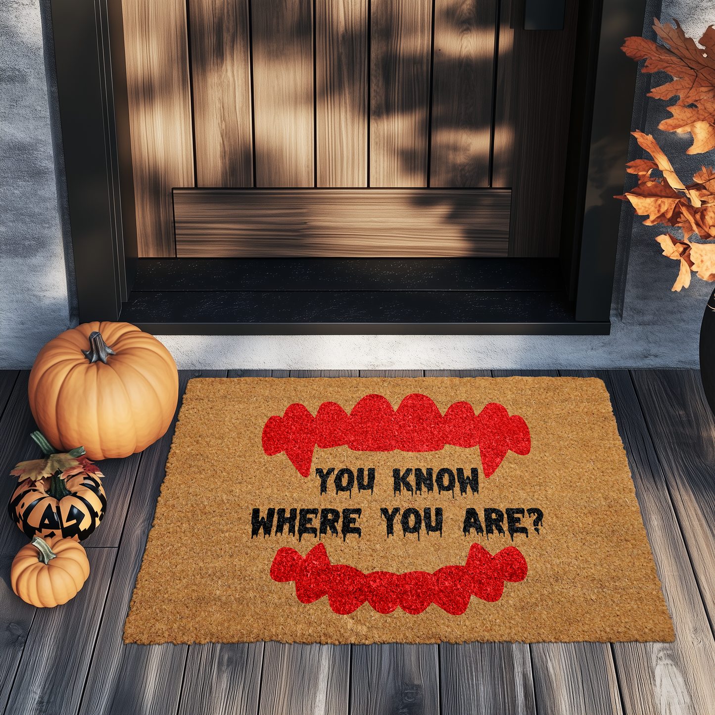 Welcome in Style with our Vampire Fangs Coco Doormat