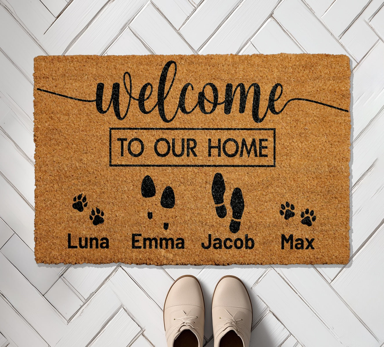 Custom Family & Pet Name Doormat, Personalized Paw Print Porch Decor