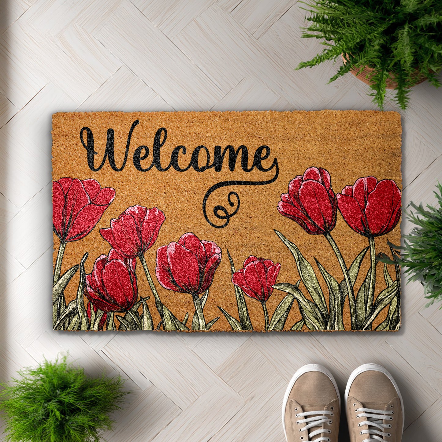 Cottage Style Entrance Rug: Red Tulips Welcome Doormat, Garden Lover's Favorite