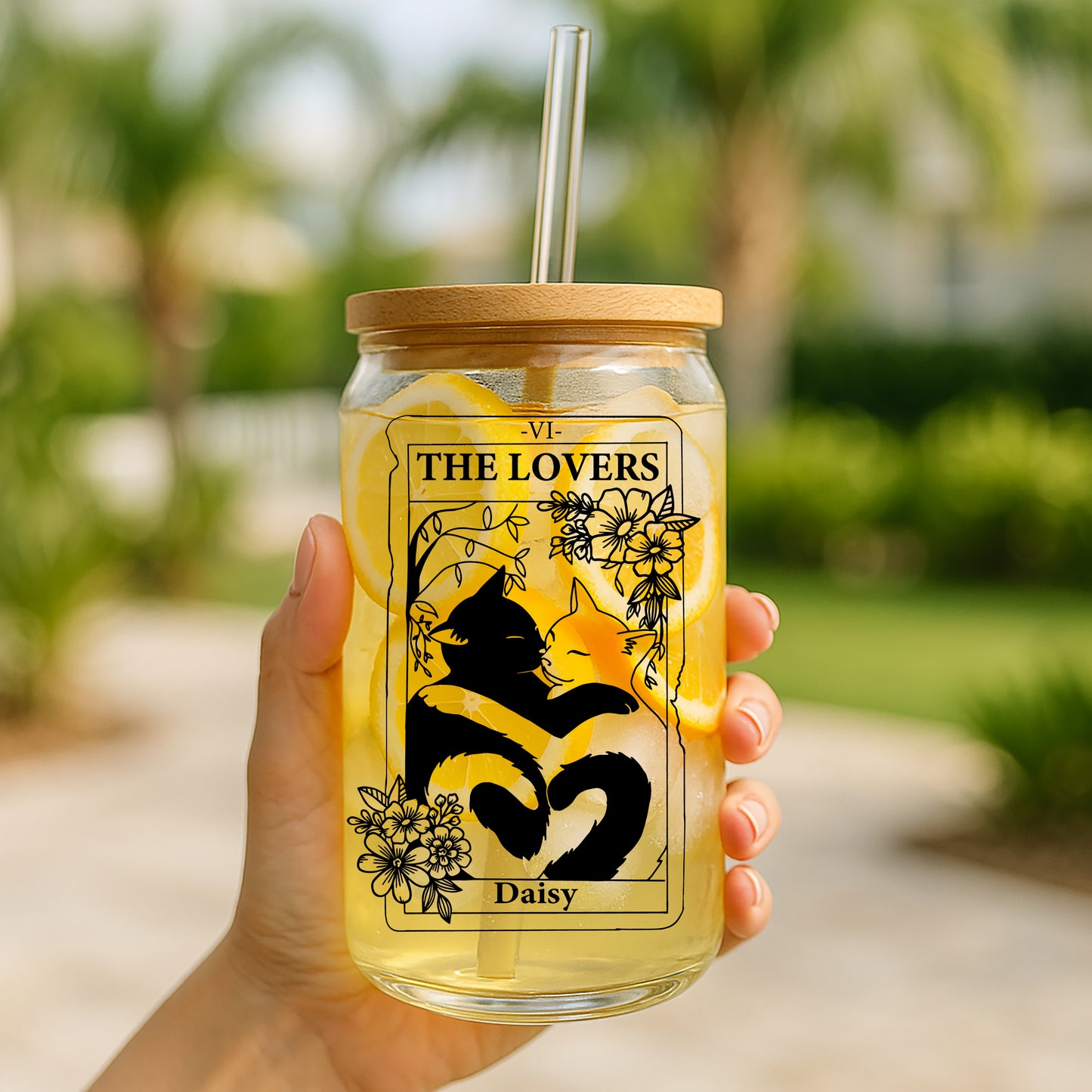 Custom Cat Design Glass Tumbler, Cute Tarot Card Iced Coffee Cup