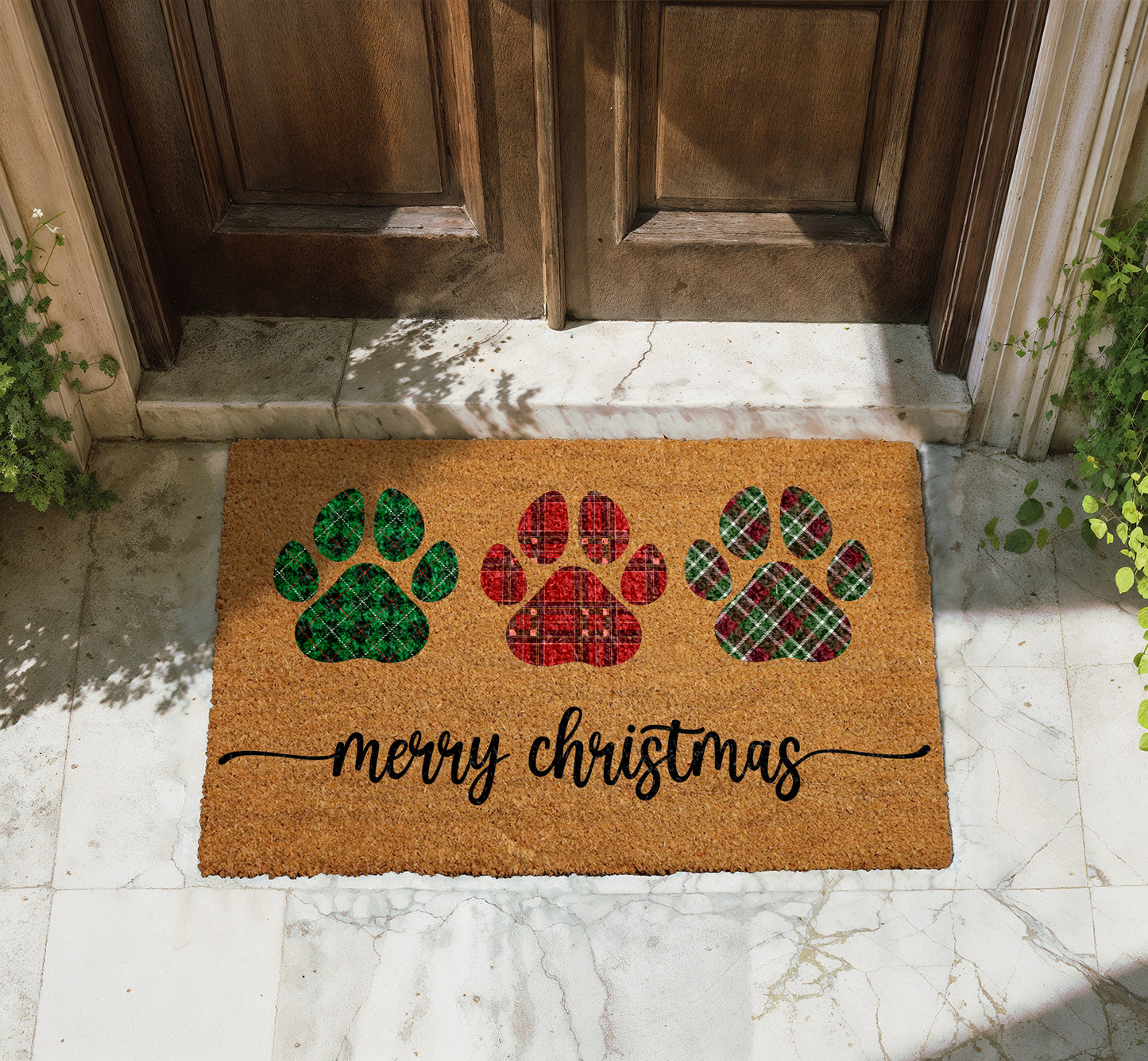 Paw Print Plaid Doormat, Dog Mom Winter Decor, Pet Welcome