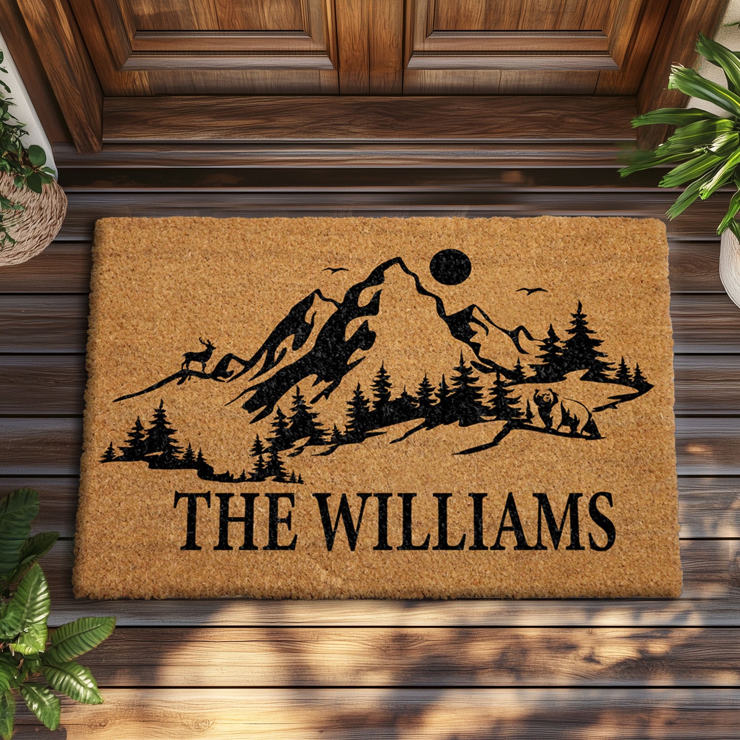 Retro Mountain Family Welcome Mat, Personalized Outdoor Adventure Home Decor