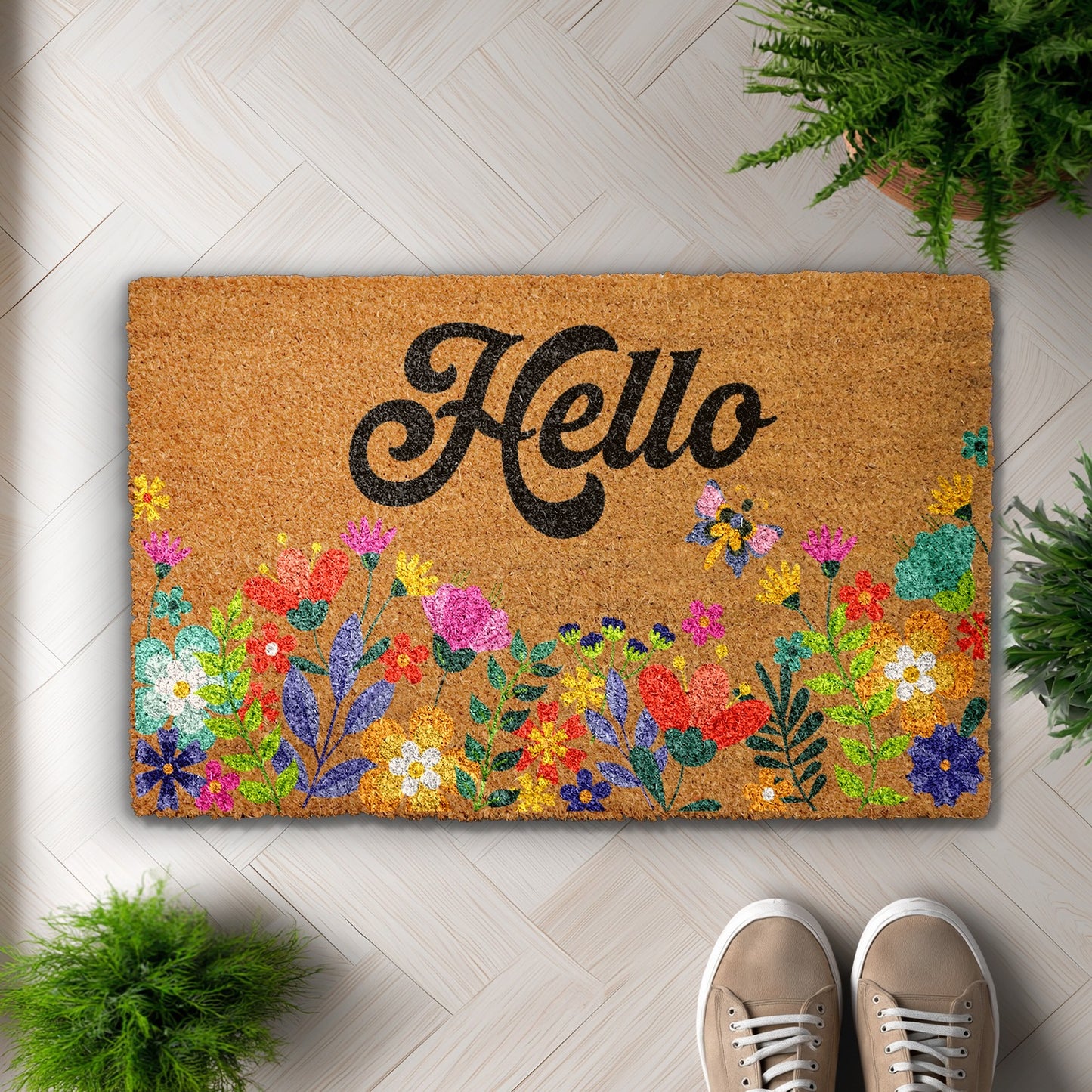 Charming Floral Hello Doormat, Brighten Your Front Porch!