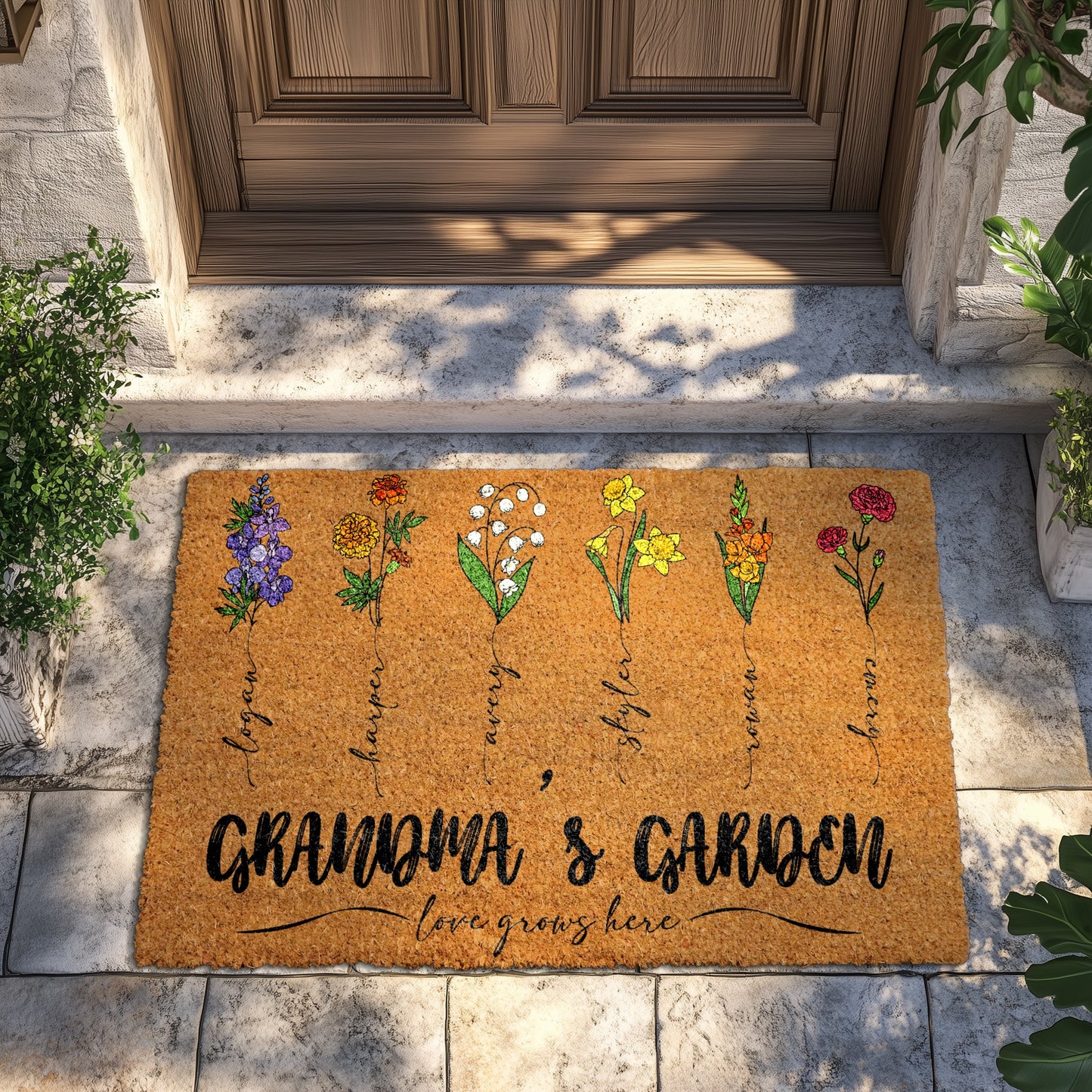 Personalized Grandkids' Name Doormat, Birth Month Flower Coir Rug!
