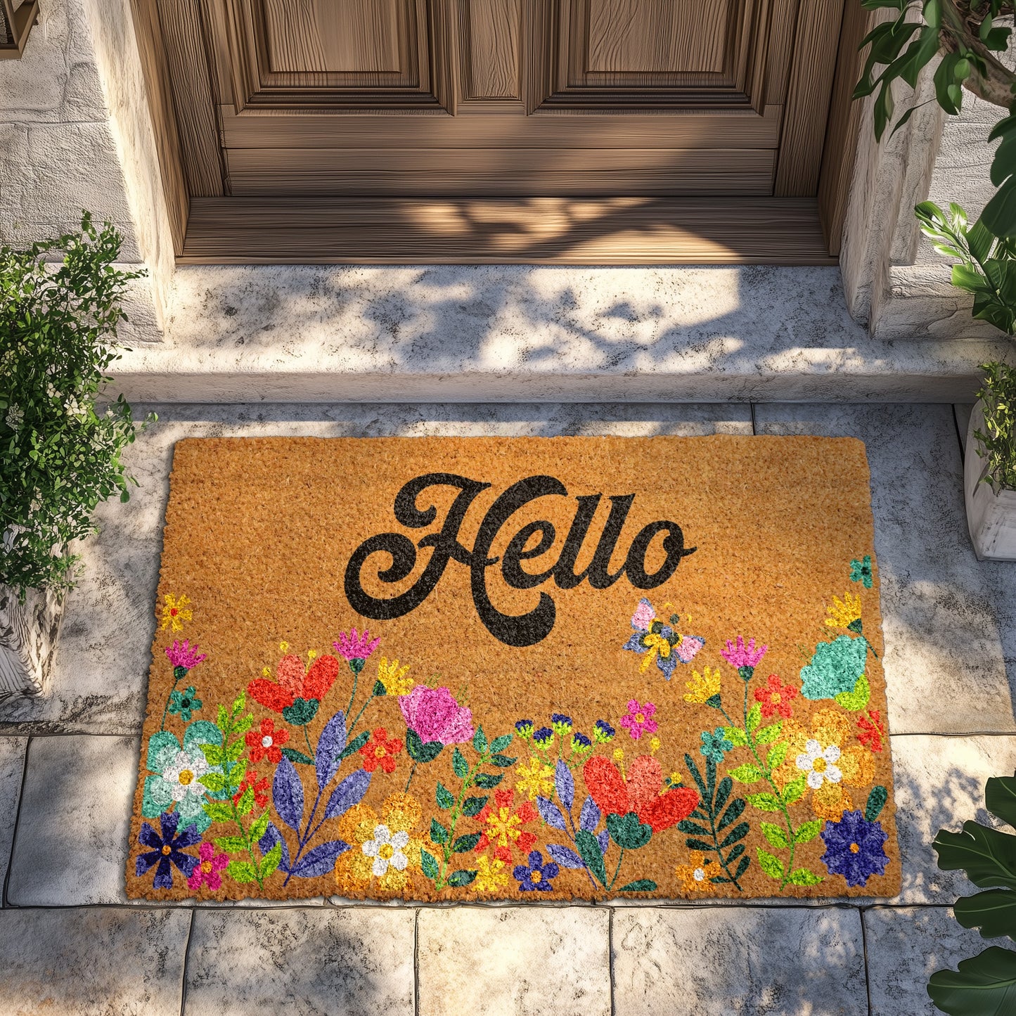 Charming Floral Hello Doormat, Brighten Your Front Porch!