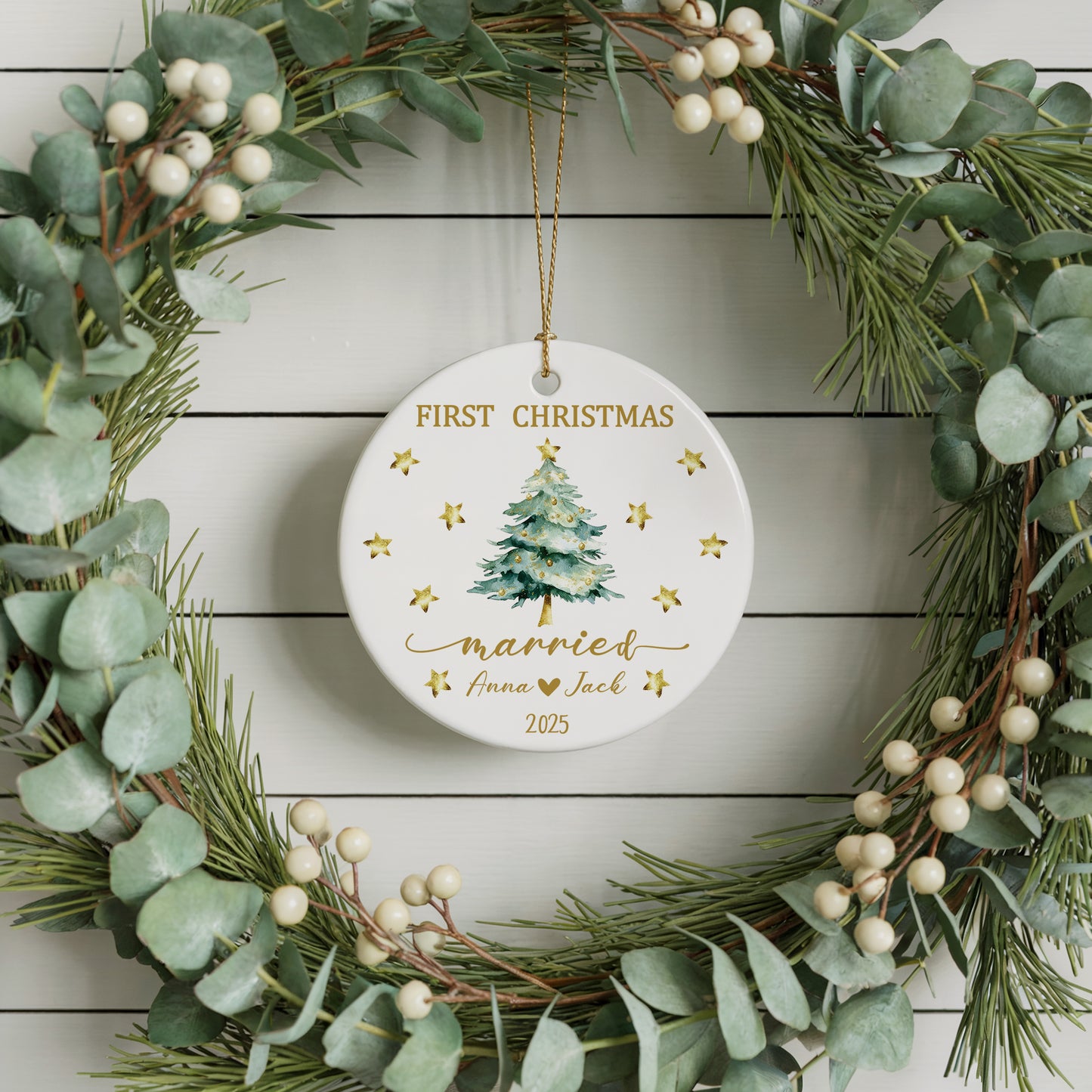 Personalized Ceramic First Christmas Married Ornament, Winter Wedding Keepsake Gift