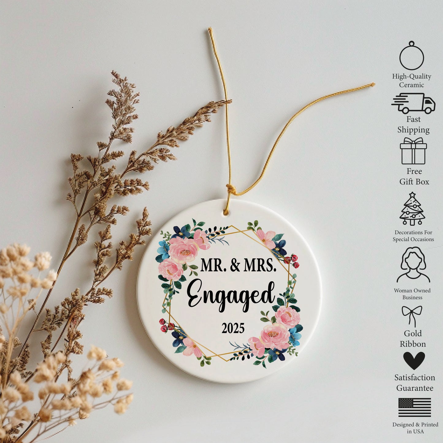 Personalized Floral Engagement Ornament, Mr. And Mrs. Keepsake 2025