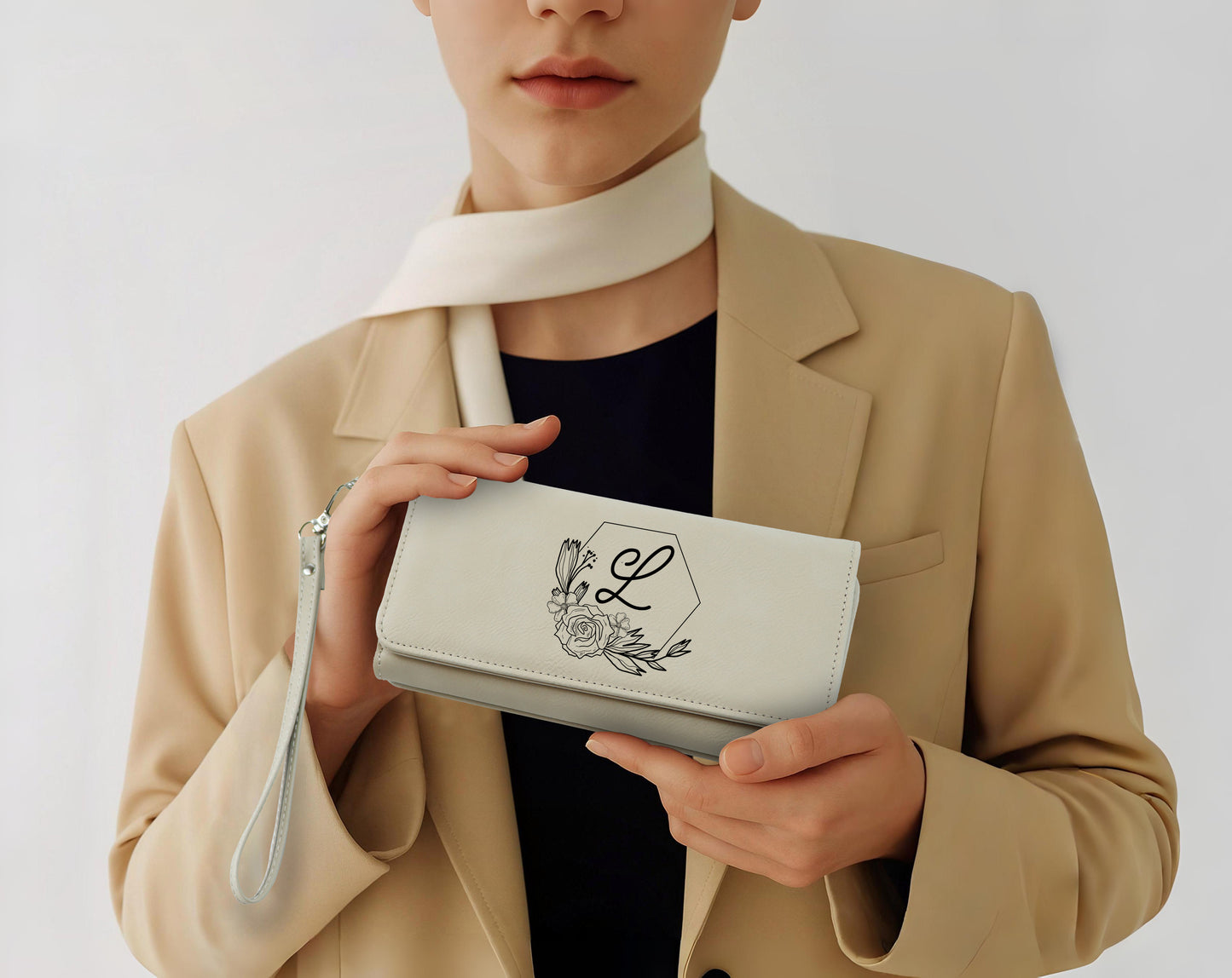 Custom Vegan Leather Wallet with Engraved Name, Floral Wristlet Purse