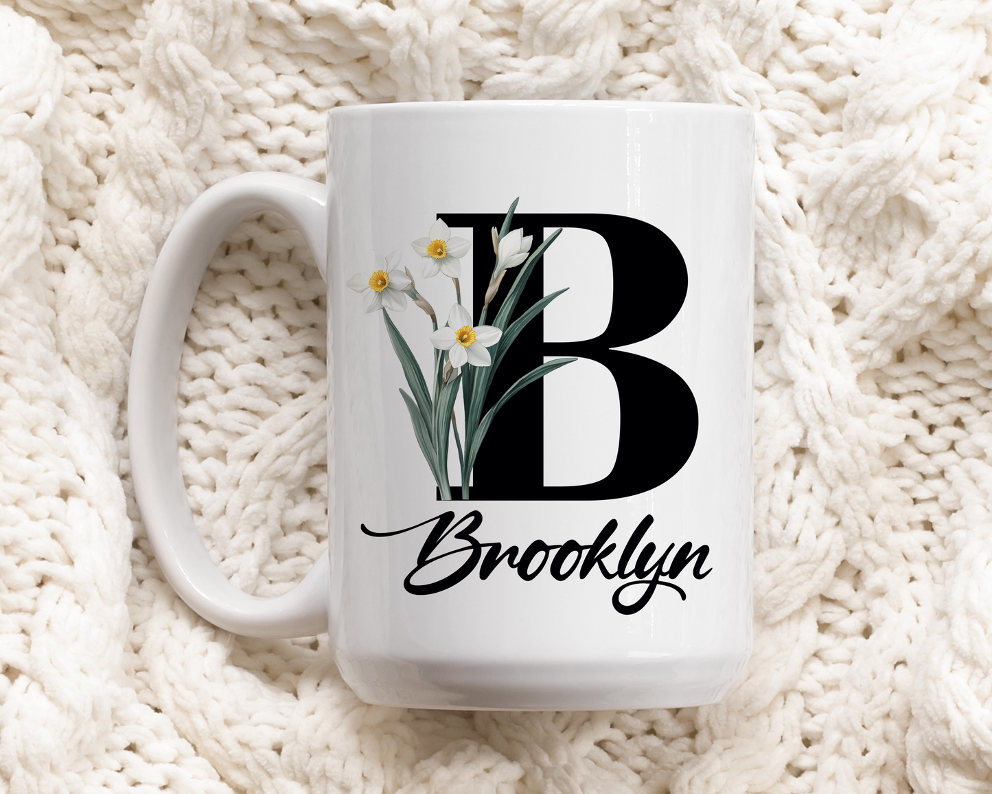 Personalized Botanical Monogram Mug, Elegant Birth Month Floral Coffee Cup
