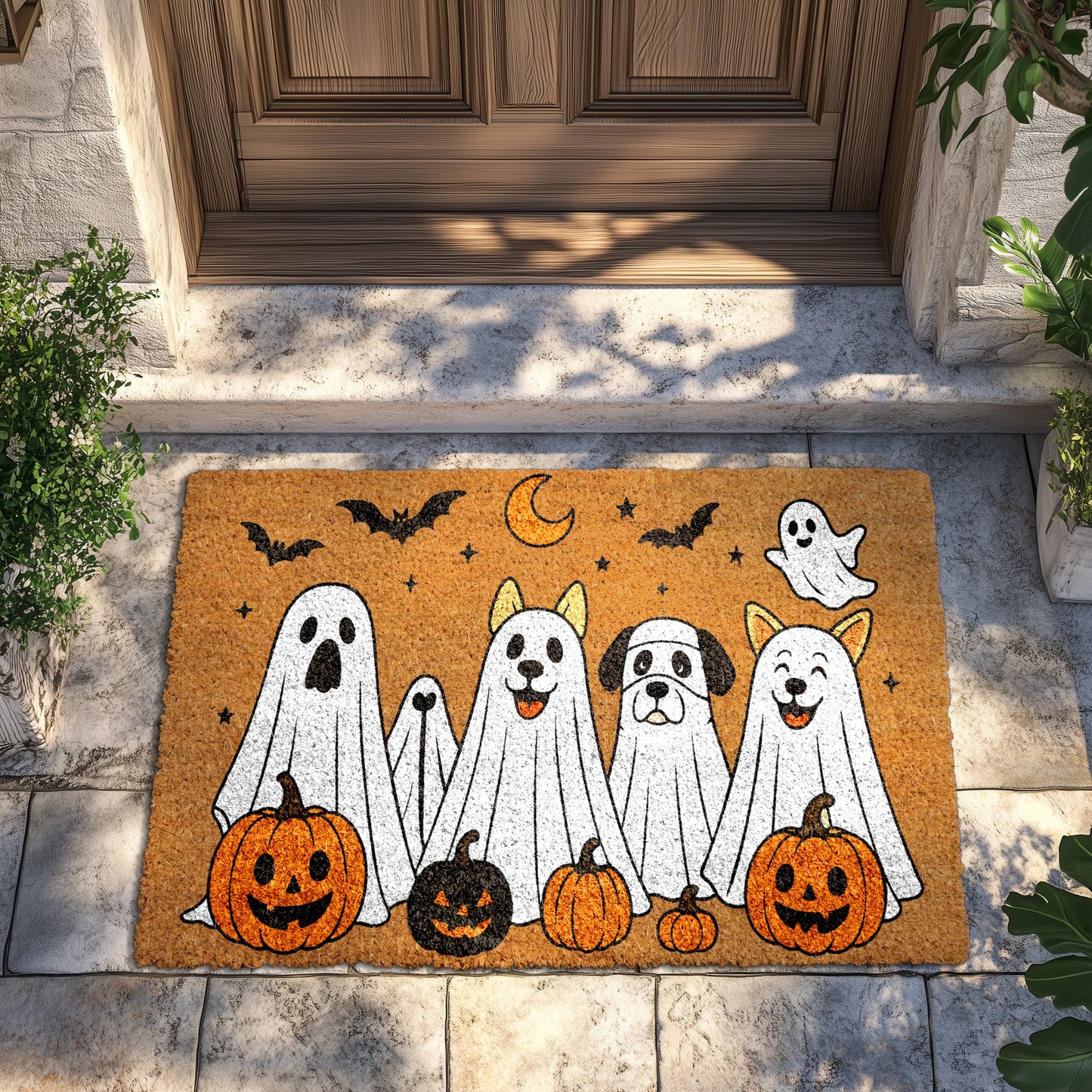 Ghost Dog Fall Decor, Cute Pumpkins Halloween Gift, Creepy Bat Porch Rug
