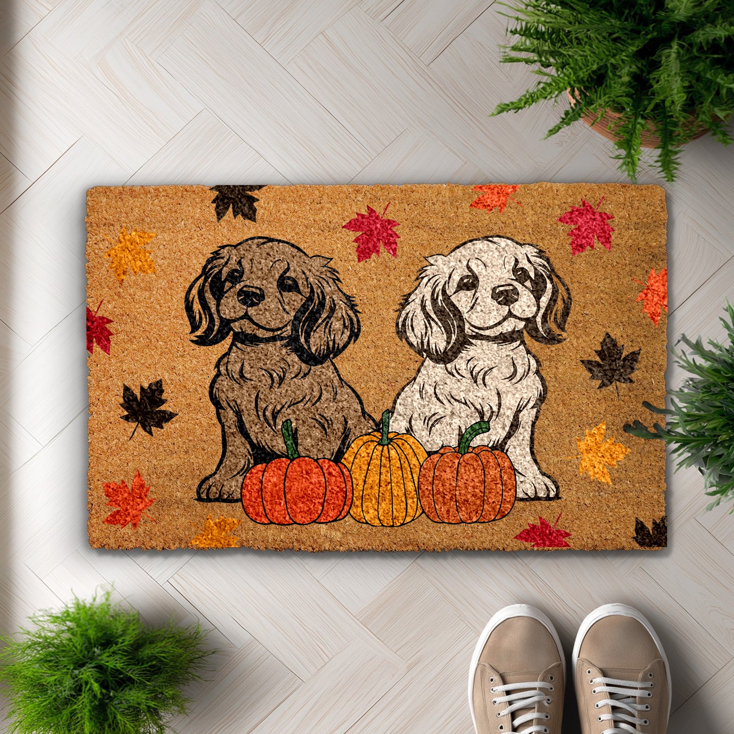 Autumn Dog Lovers Welcome Mat, Fall Leaves & Pumpkins Decor