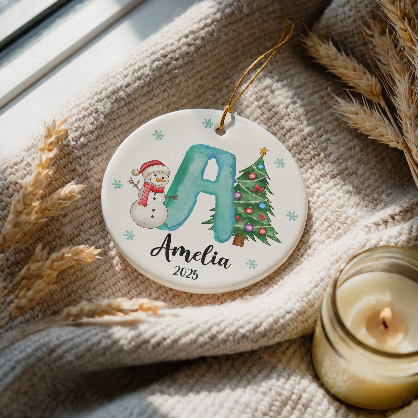 Custom Initial Snowmen Ornament: Family Christmas Tree Decoration, Festive Gift