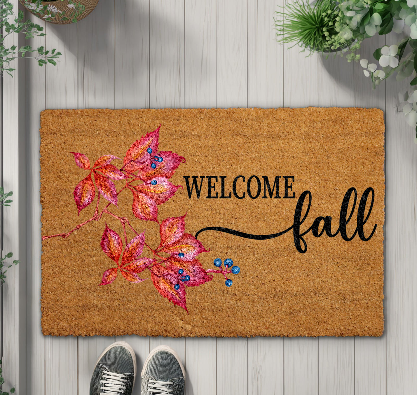 Fall Leaves & Berries Welcome Mat, Cozy Autumn Front Porch Rug
