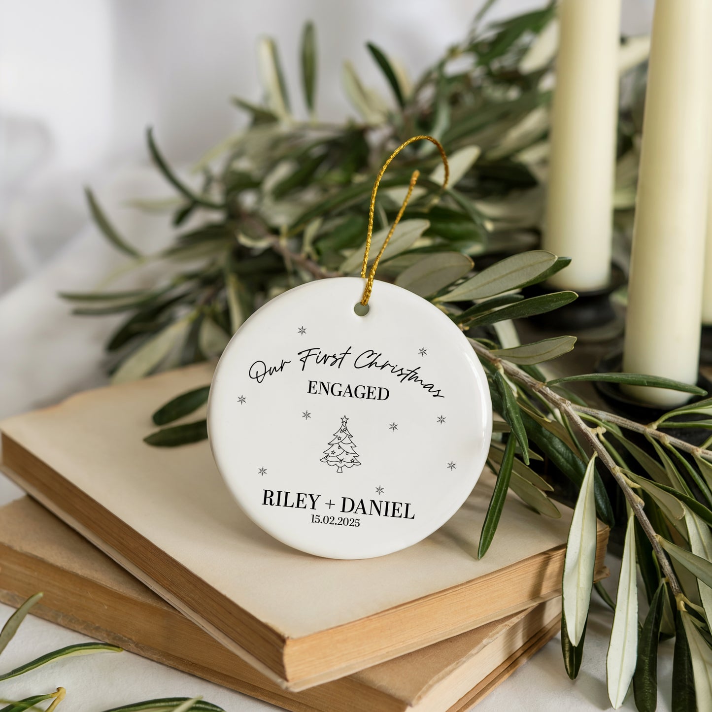 Personalize Your First Christmas Engaged Ceramic Ornament, Tree Design Keepsake
