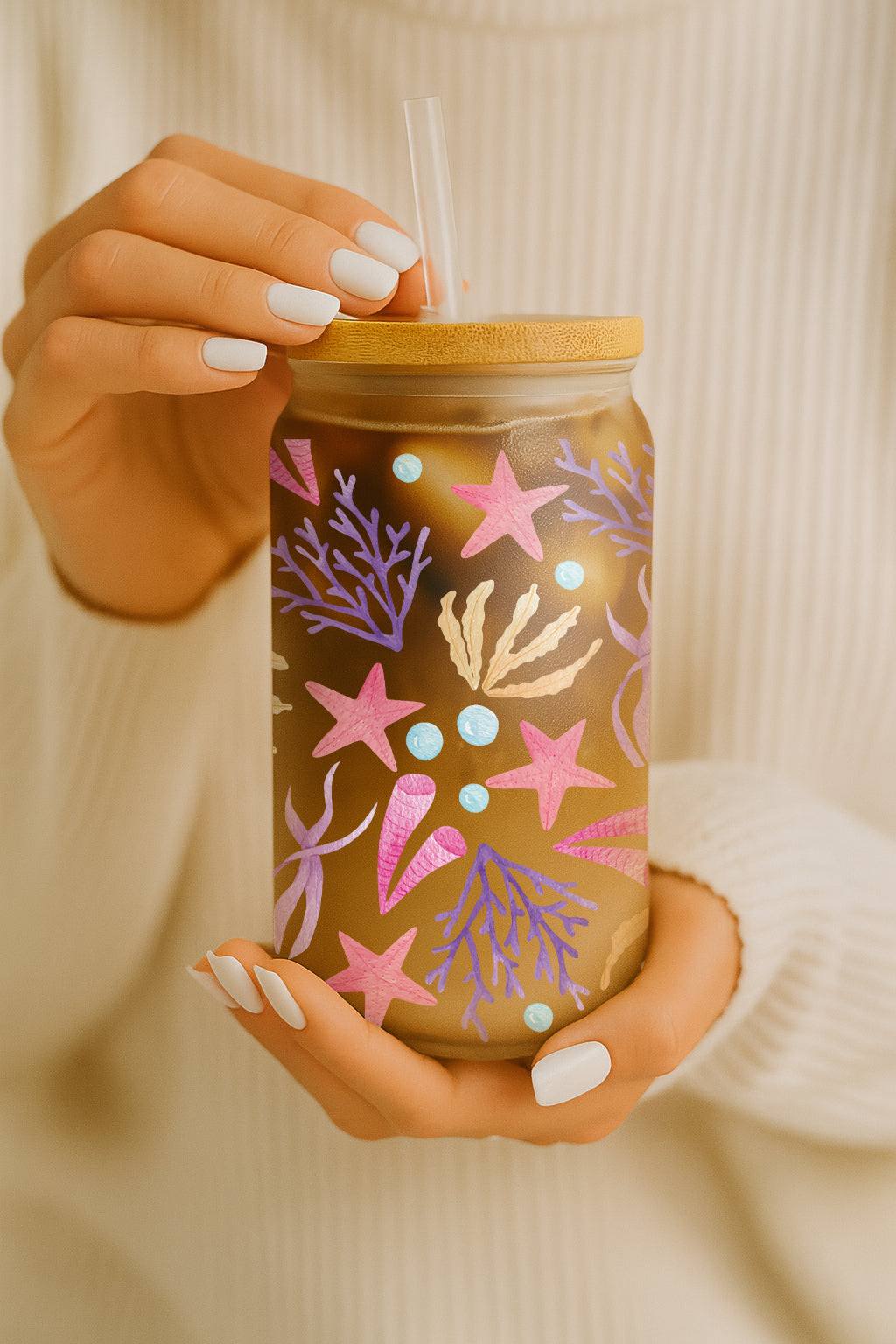 Seashells Glass Cup, Starfish Tumbler: Beach Trip Drinkware Vibes