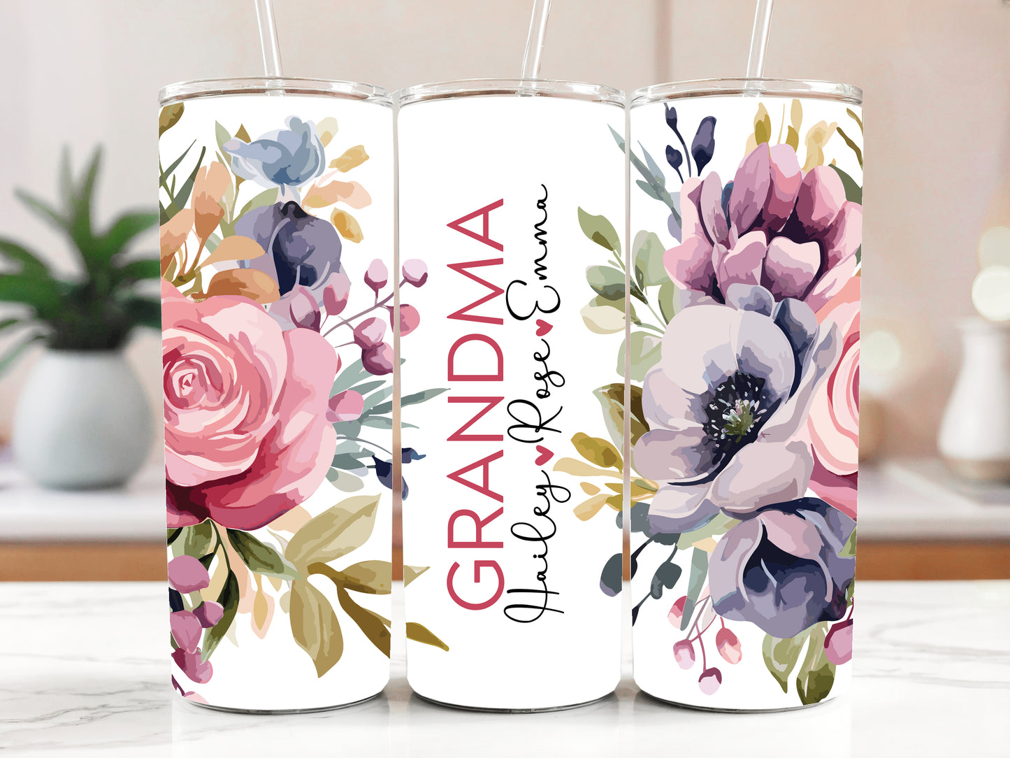 Aesthetic Grandma Stainless Steel Tumbler, Water Color Flower Bouquet Design