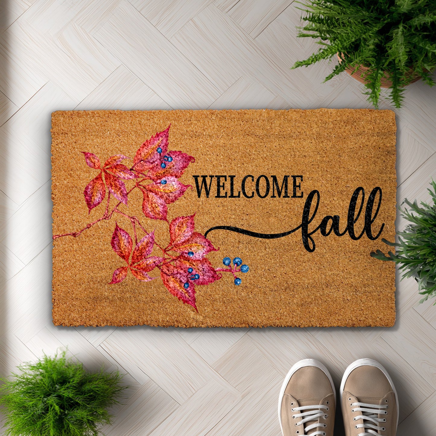 Fall Leaves & Berries Welcome Mat, Cozy Autumn Front Porch Rug