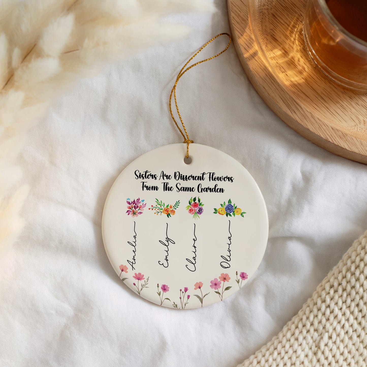 Personalize your space with Customizable Birth Flower Ceramic Ornament, Sisterhood Keepsake.
