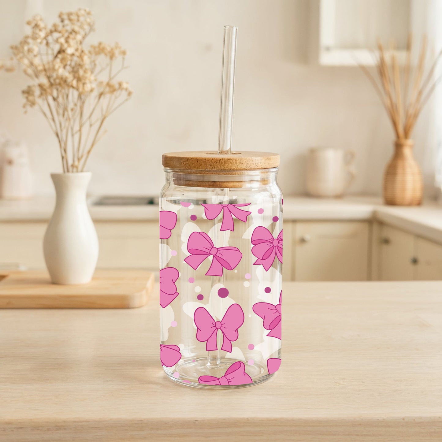 Chic Ribbon Pattern Glass Tumbler, Perfect for Iced Coffee!