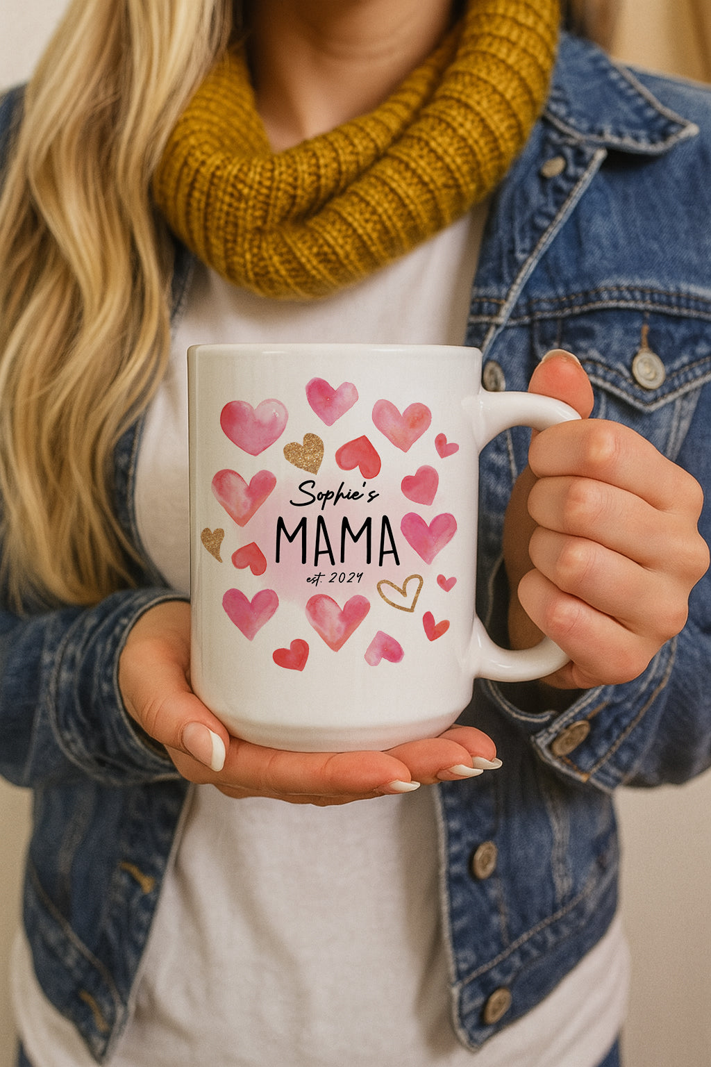 Watercolor Hearts Personalized Mama Est Ceramic Cup, Cute Mother's Day Gift