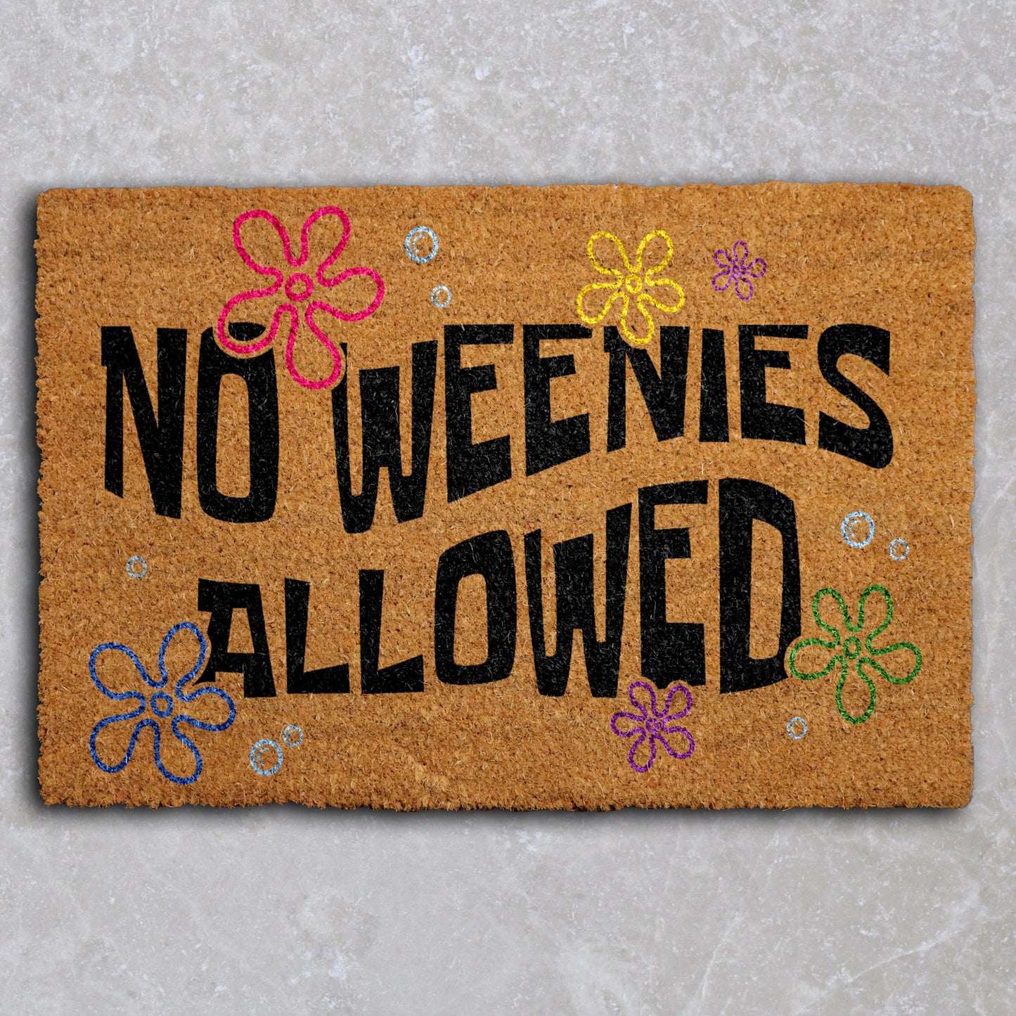 Cheerful Welcome: No Weenies Allowed Funny Doormat, Humorous Housewarming Gift