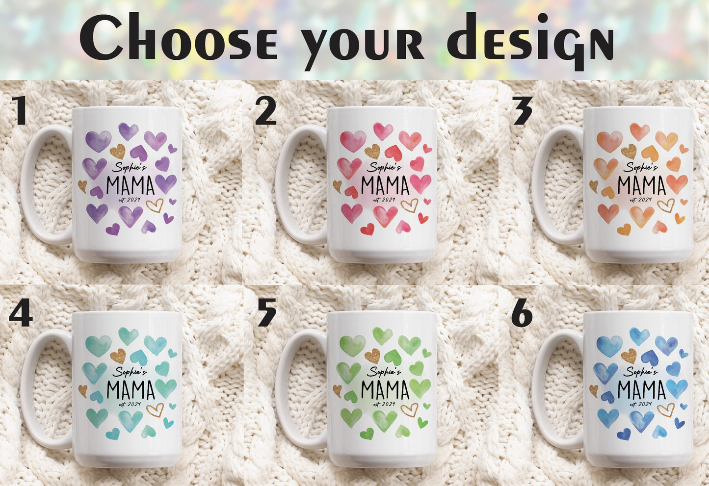 Watercolor Hearts Personalized Mama Est Ceramic Cup, Cute Mother's Day Gift