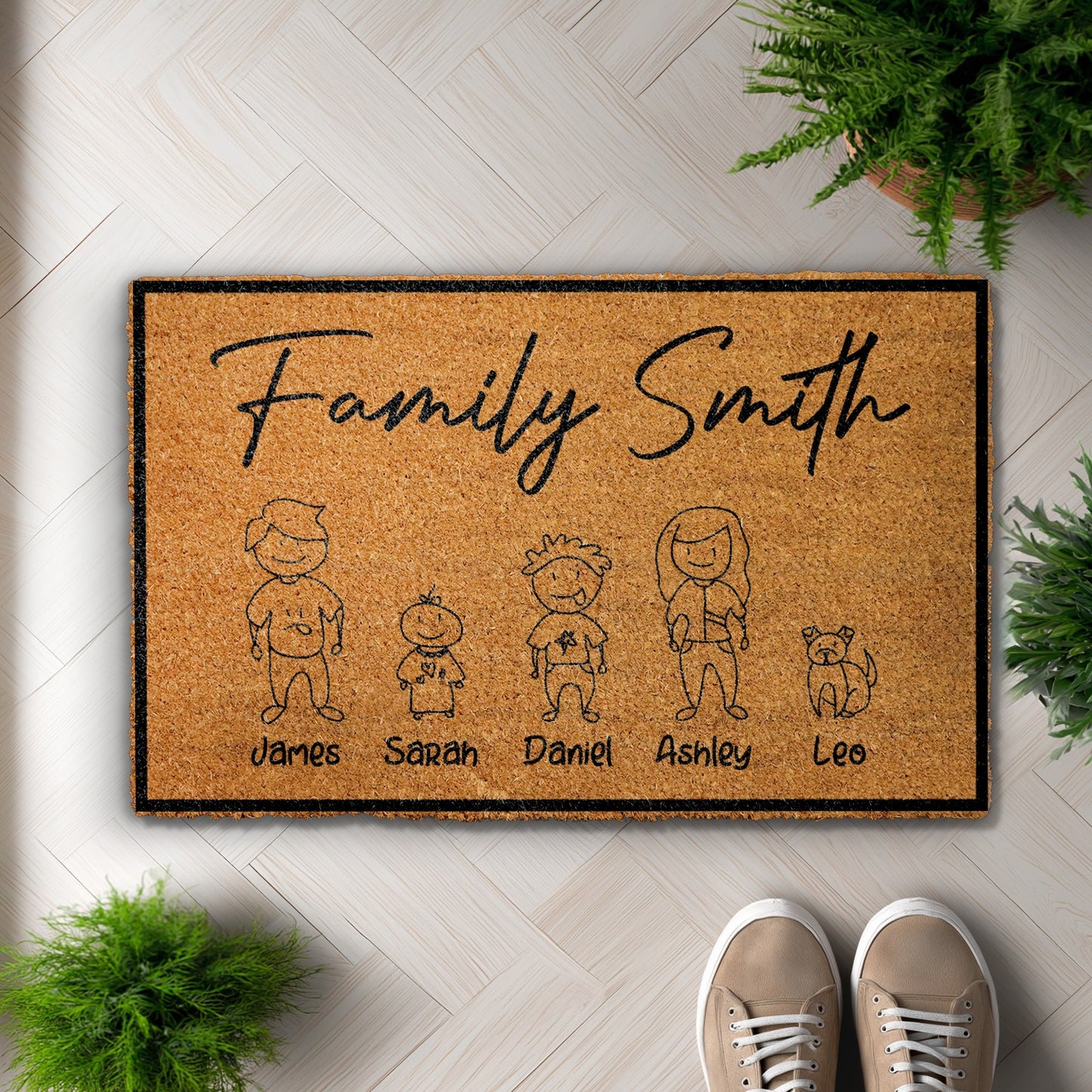Personalized Family Doormat, Custom Stick Figure Home Decor, Pet Welcome Mat