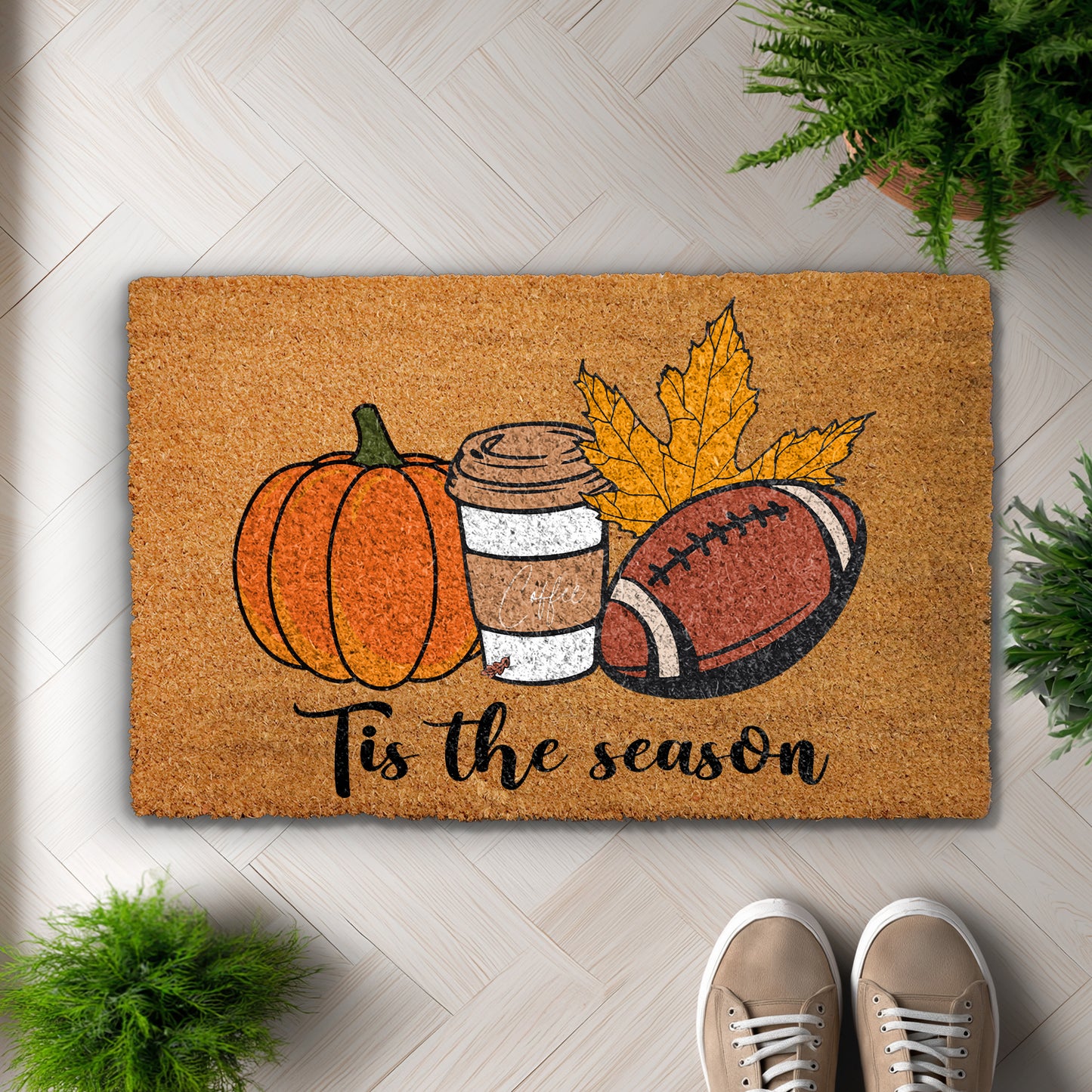 Festive Fall Welcome Mat: Tis The Season Pumpkin Coffee Vibes